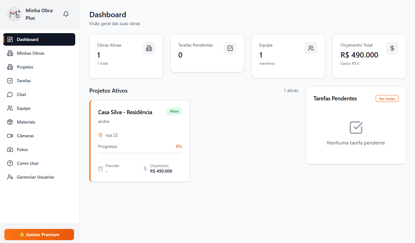 MinhaObra Plus - Main product screenshot demonstrating key features and user interface