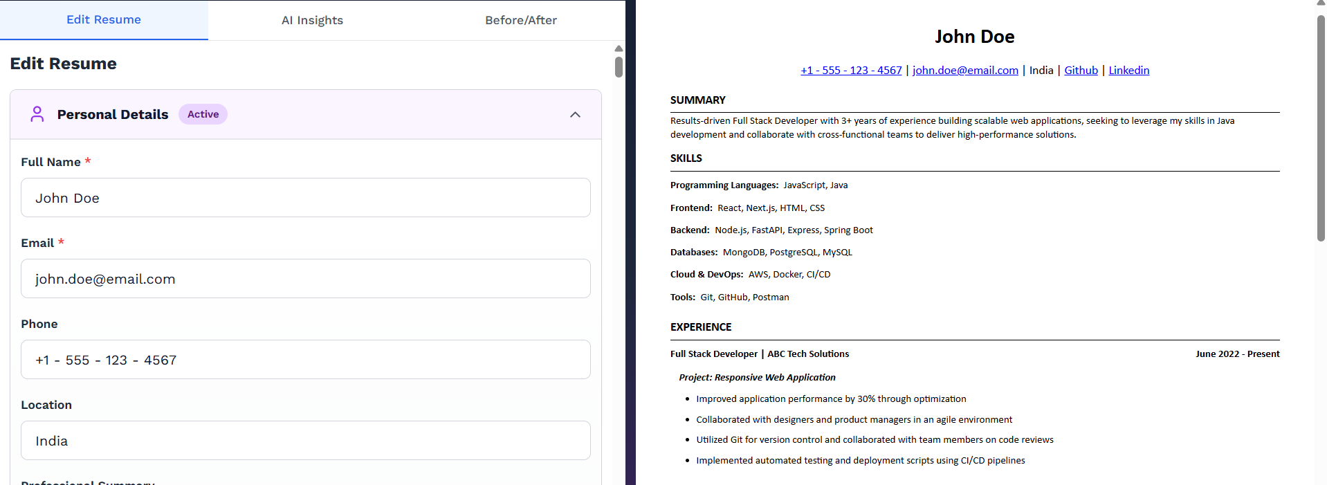 Tailer Resume - Screenshot 3 showing product features and functionality