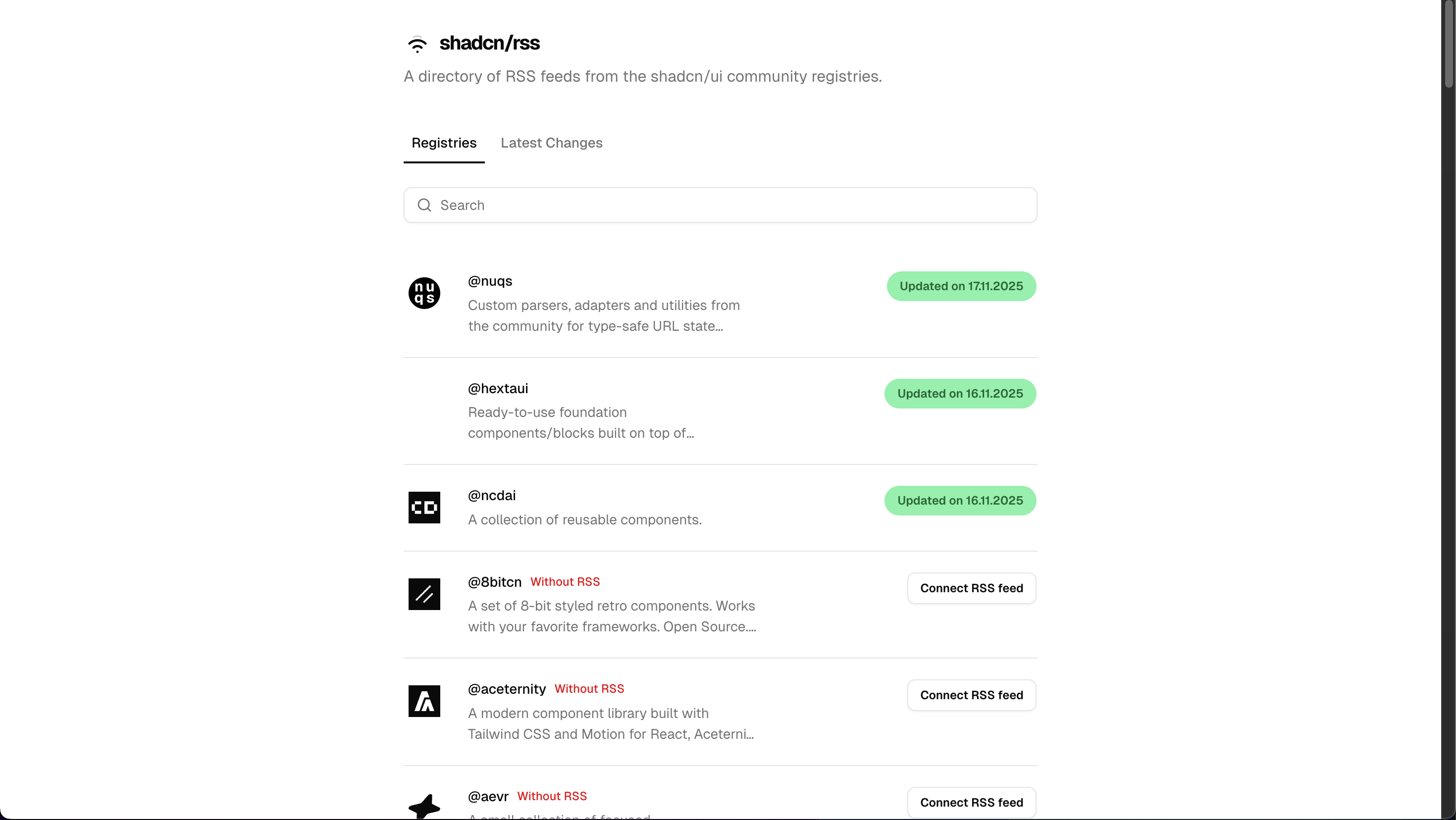 shadcn/rss - Main product screenshot demonstrating key features and user interface