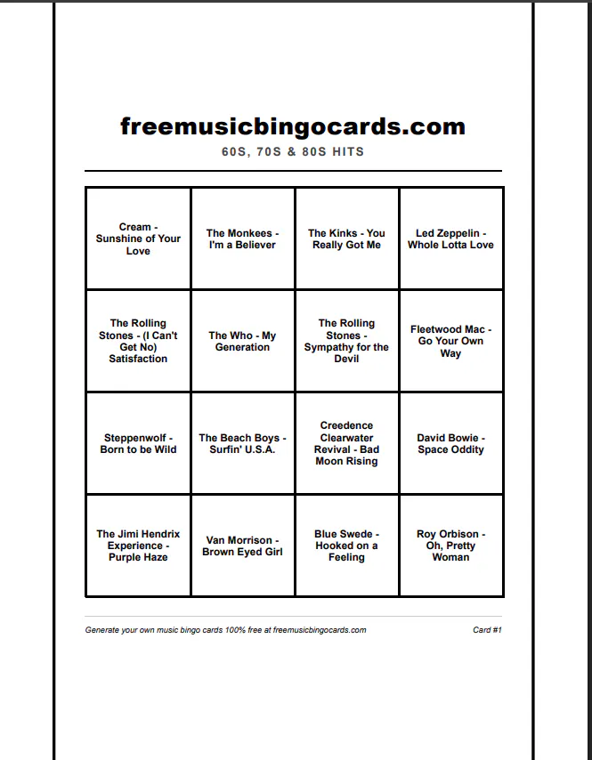 Free Music Bingo Card Generator gallery image