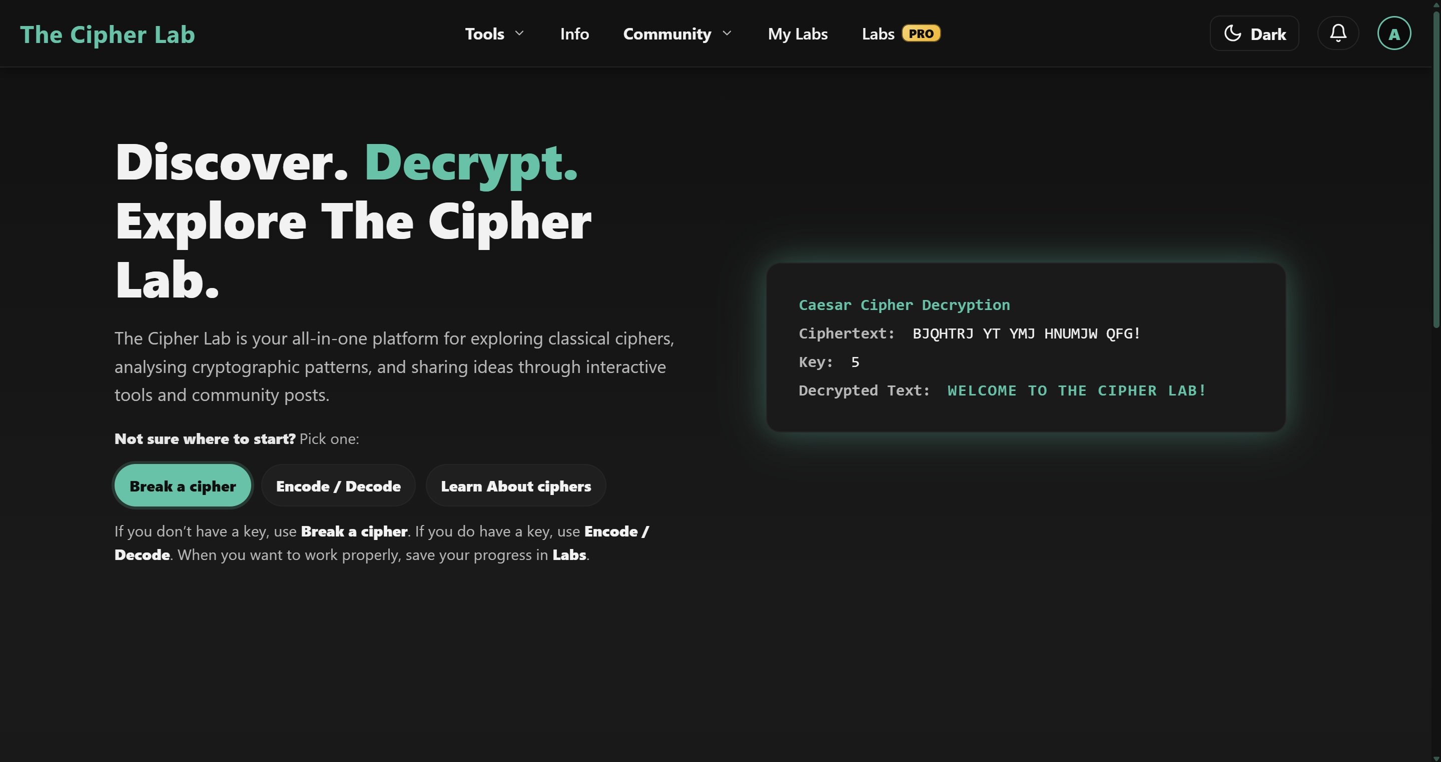The Cipher Lab - Main product screenshot demonstrating key features and user interface