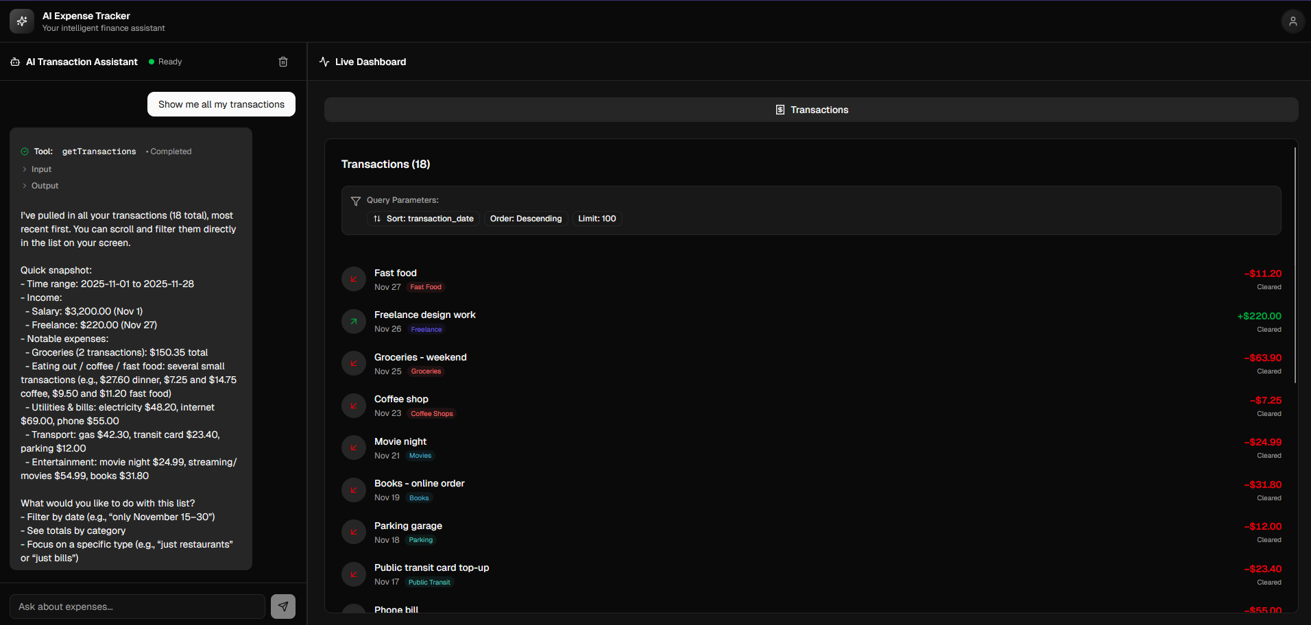 Agent First AI Personal Finance Manager - Main product screenshot demonstrating key features and user interface