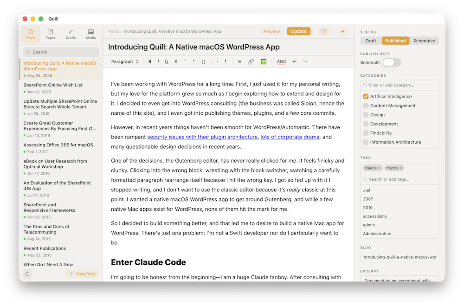 Quill — Native WordPress App for macOS screenshot 1
