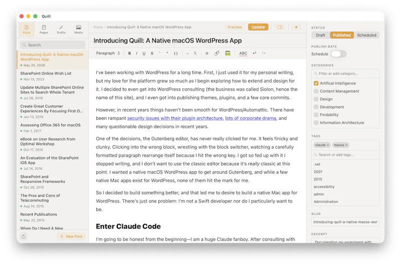Quill — Native WordPress App for macOS screenshot 1