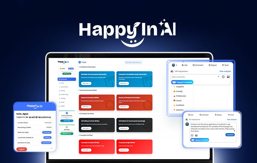 LinkedIn AI Comments Generator HappyInAI - Main product screenshot demonstrating key features and user interface