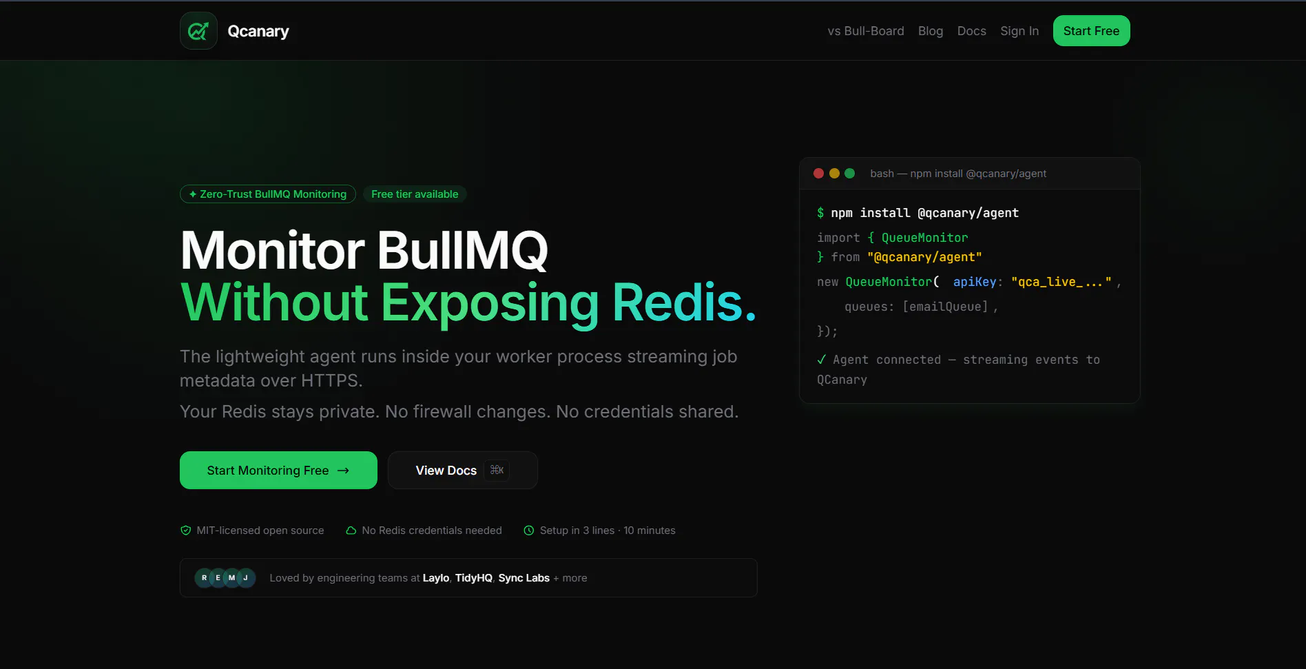 Qcanary — BullMQ Monitoring Dashboard 截图