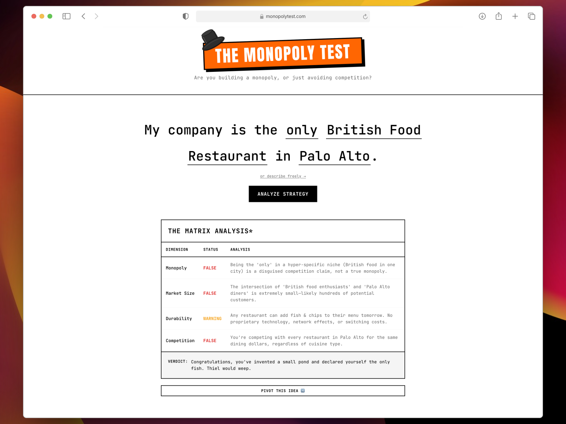The Monopoly Test - Screenshot 2 showing product features and functionality