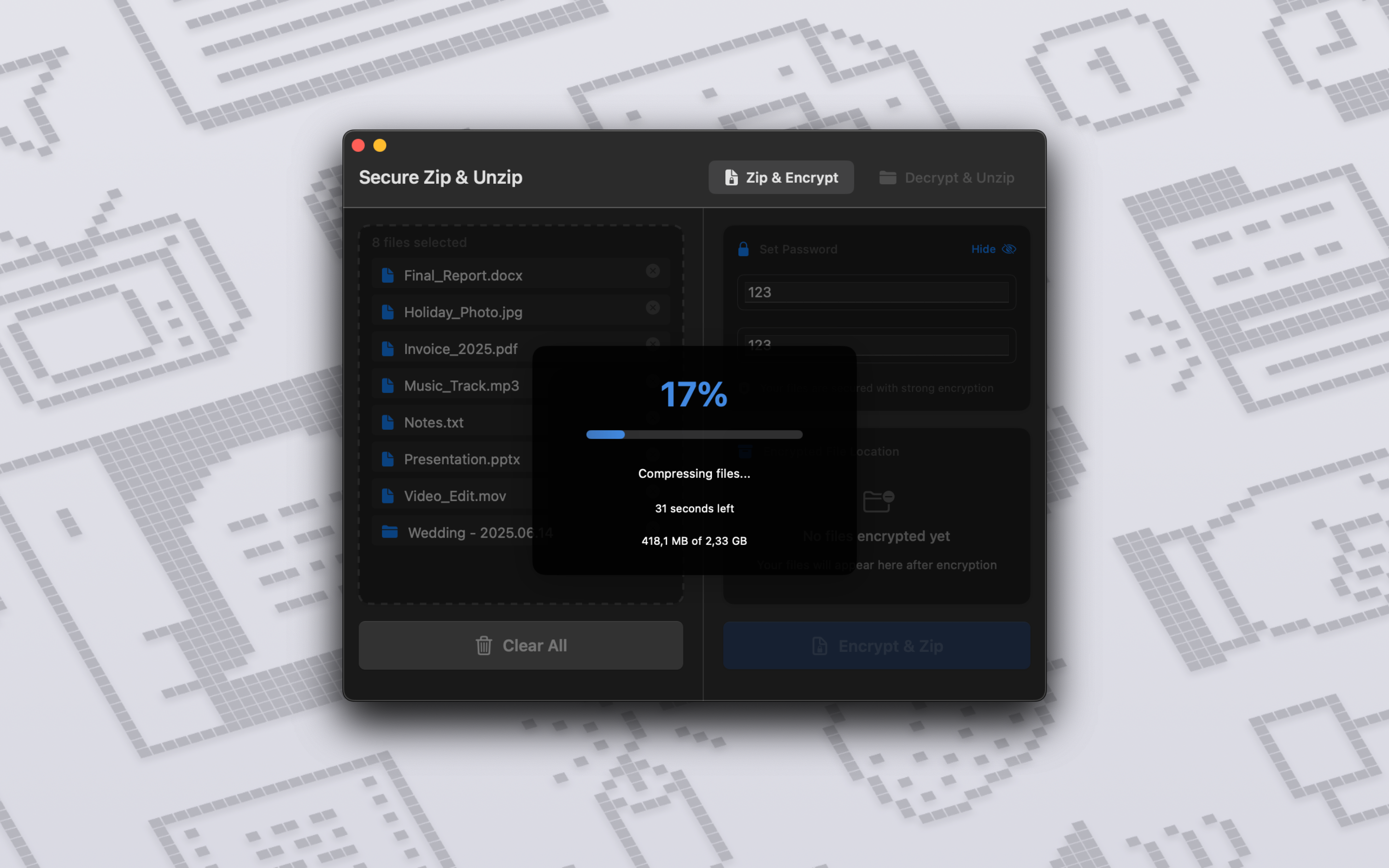 Mídia 6 de Zip e descompactação segura - Criptografia Zip Fast - Apple Silicon Metal alimentado