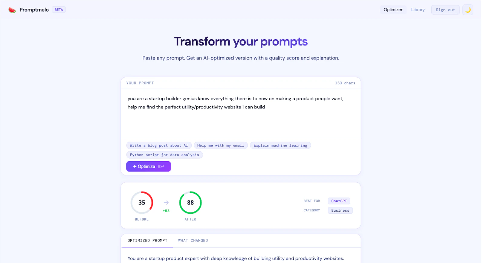 Promptmelo.com screenshot 2