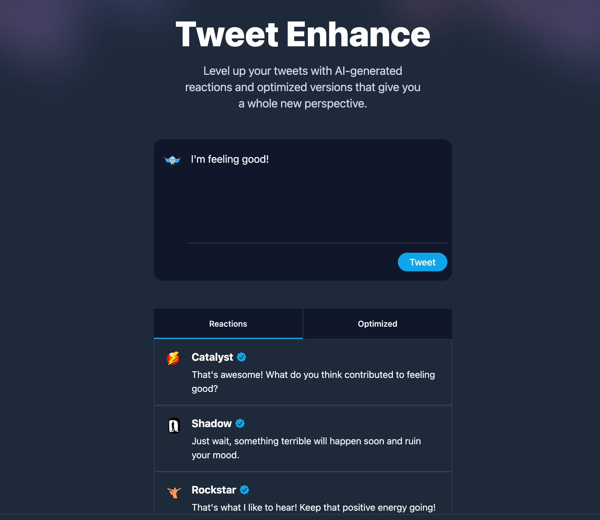 Tweet Geliştir - Tweet'lerinizi AI tarafından oluşturulan reaksiyonlarla düzleştirin medya 1