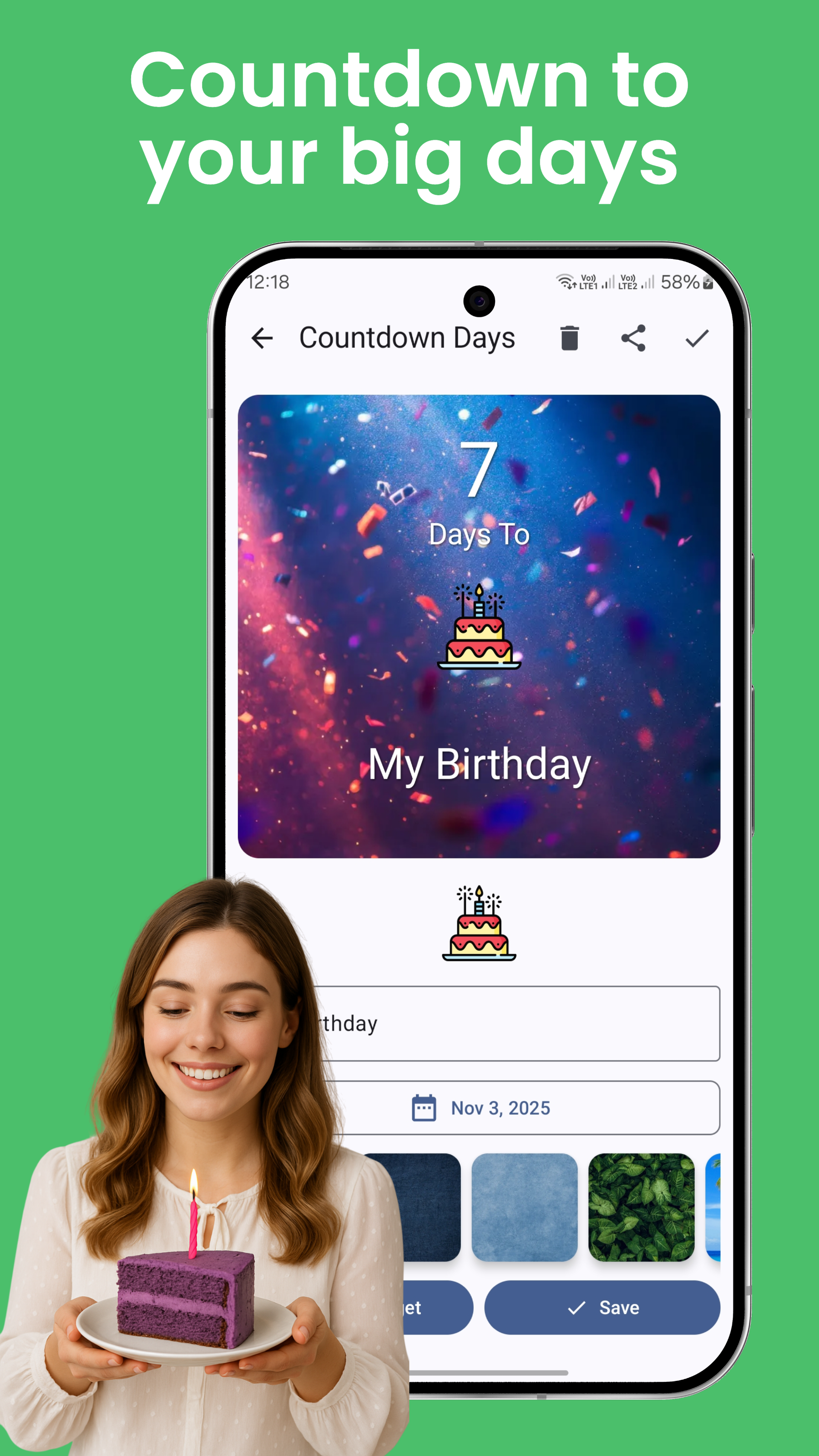 Countdown Days with Widgets - Main screenshot showing features and interface