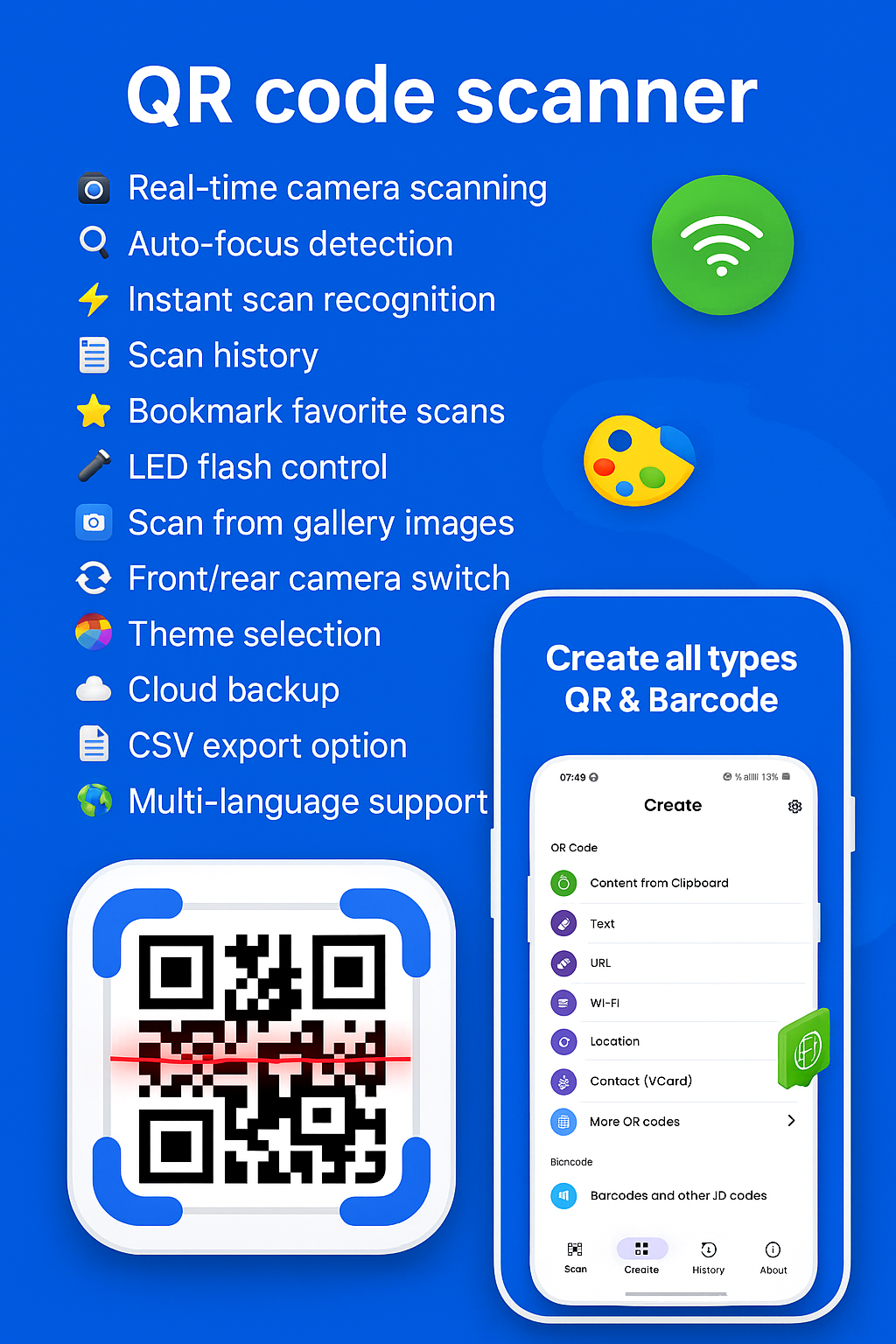 Mídia 1 de Scanner de código de barras e gerador QR - Digitalize códigos de barras e códigos QR instantaneamente-offline, sem anúncios, rápido