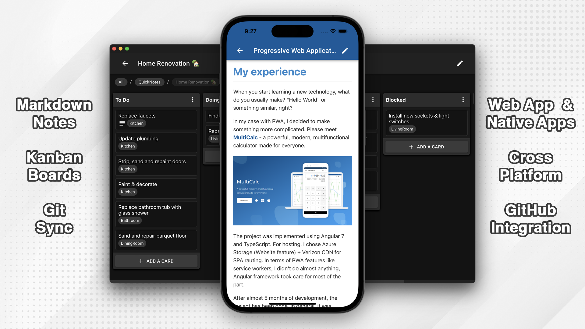Noteshub 2.x - Приложение для примечания на основе маркирода с git sync & kanban poards медиа 1