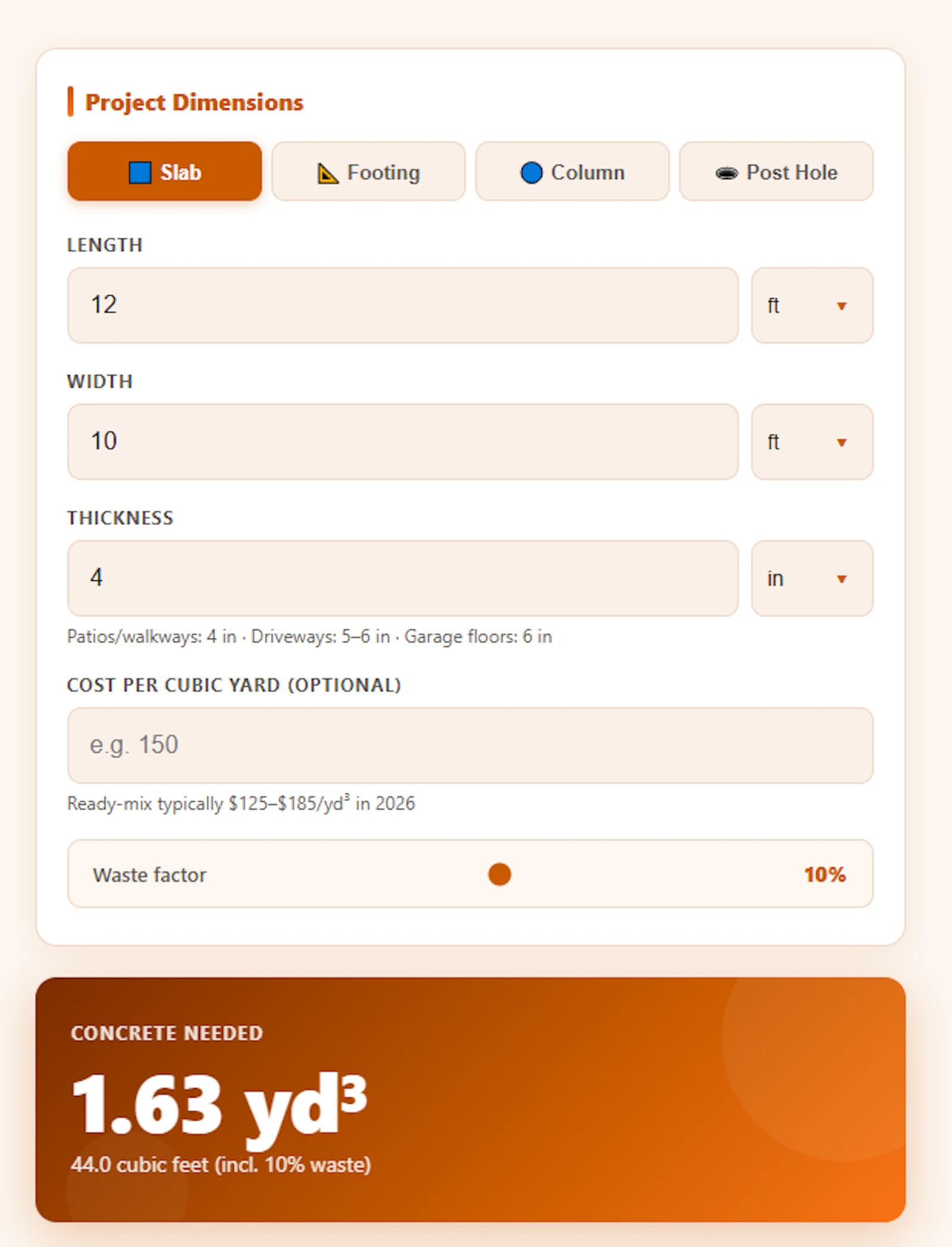 Free Concrete Calculator - Cubic Yards screenshot 1