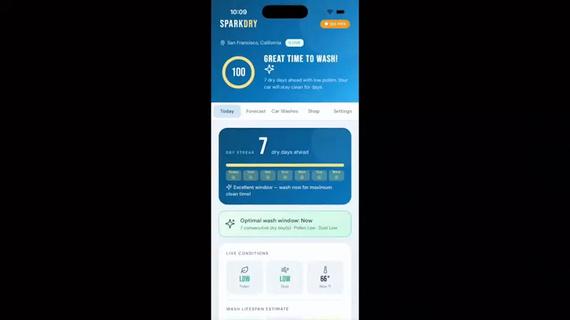 SparkDry: Car Wash Weather App screenshot 1 (video preview)