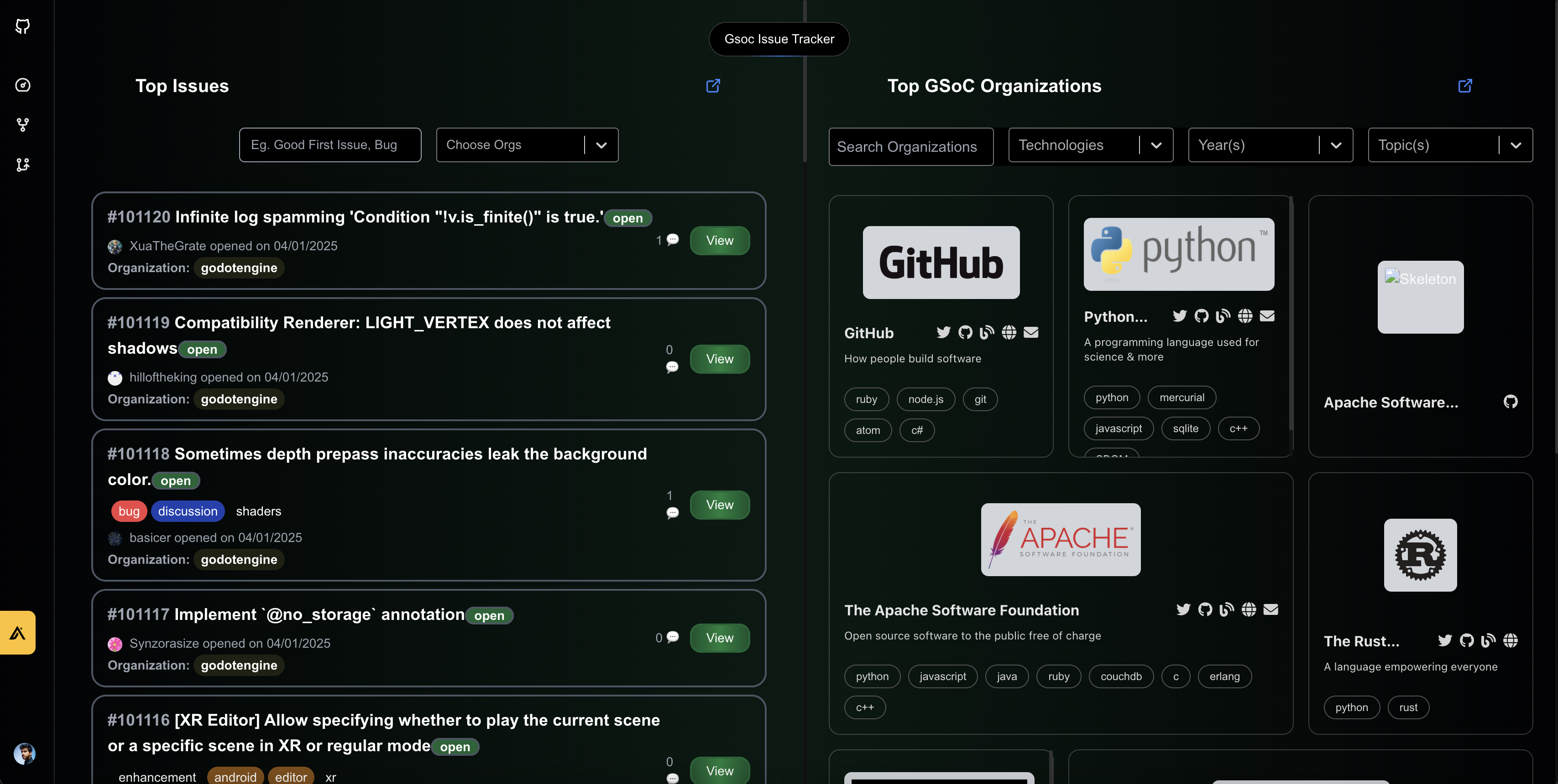 GSOC Issue Tracker - Finden und filtern Sie GSOC -Probleme und -organisationen nahtlos Medien 3