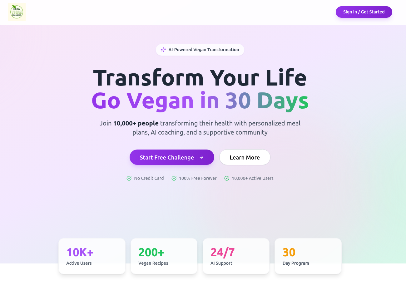 Go Vegan Challenge Website - Main product screenshot demonstrating key features and user interface