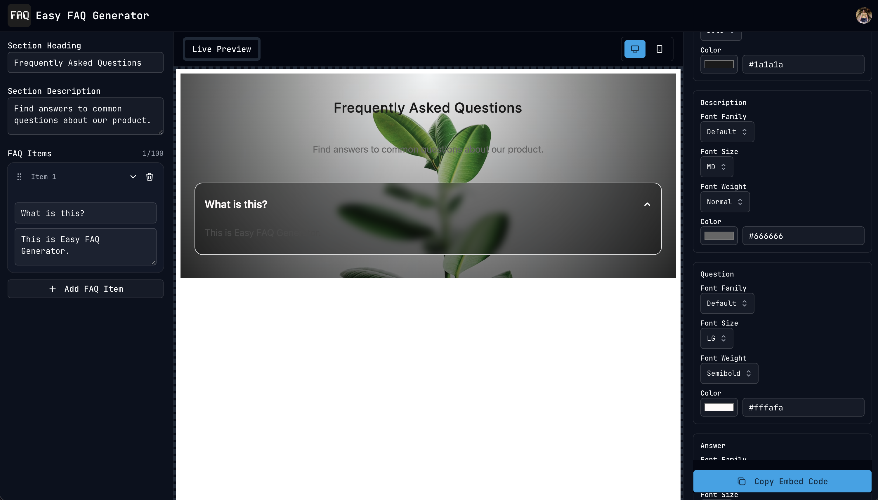 Easy FAQ Generator - Screenshot 2 showing product features and functionality