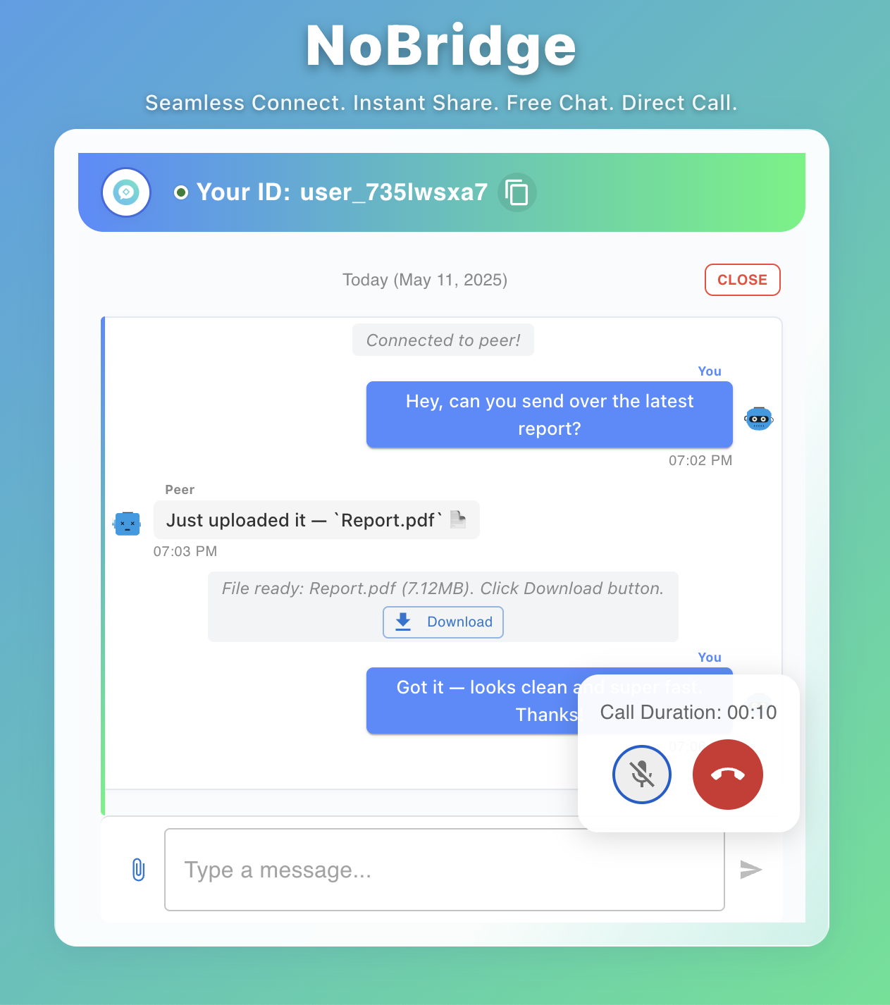 Nobridge - Anında tarayıcıdan browser mesajlaşma, dosya transferleri vb. medya 7