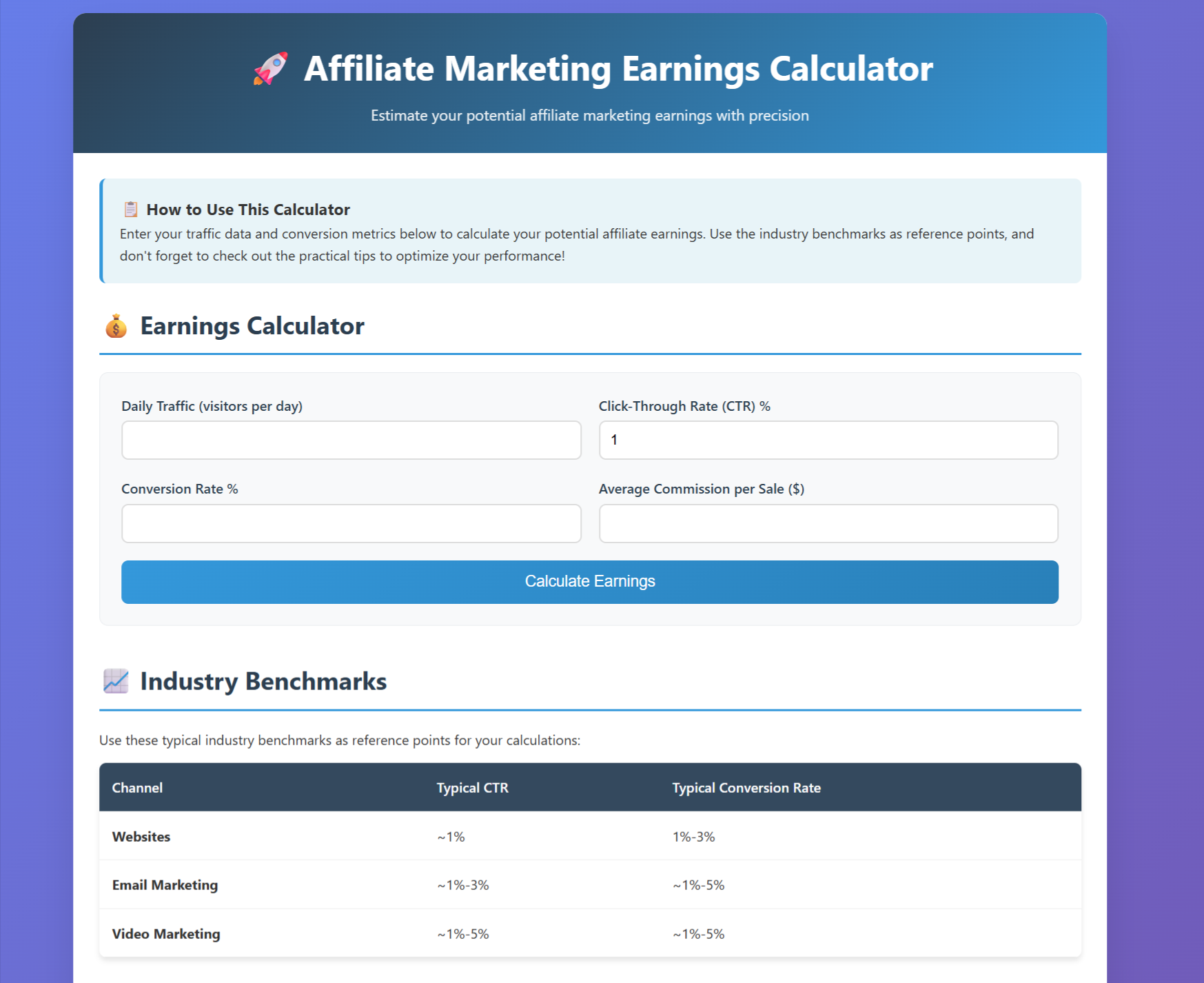 Calculateur de gains de marketing d'affiliation