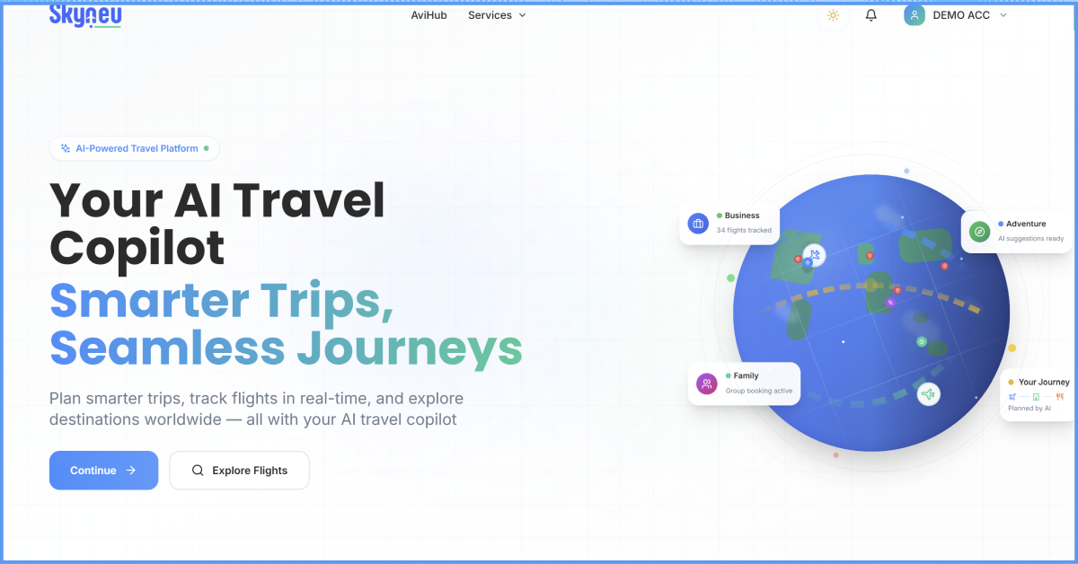 Skyneu — AI-Powered Travel Stack - Main screenshot showing features and interface