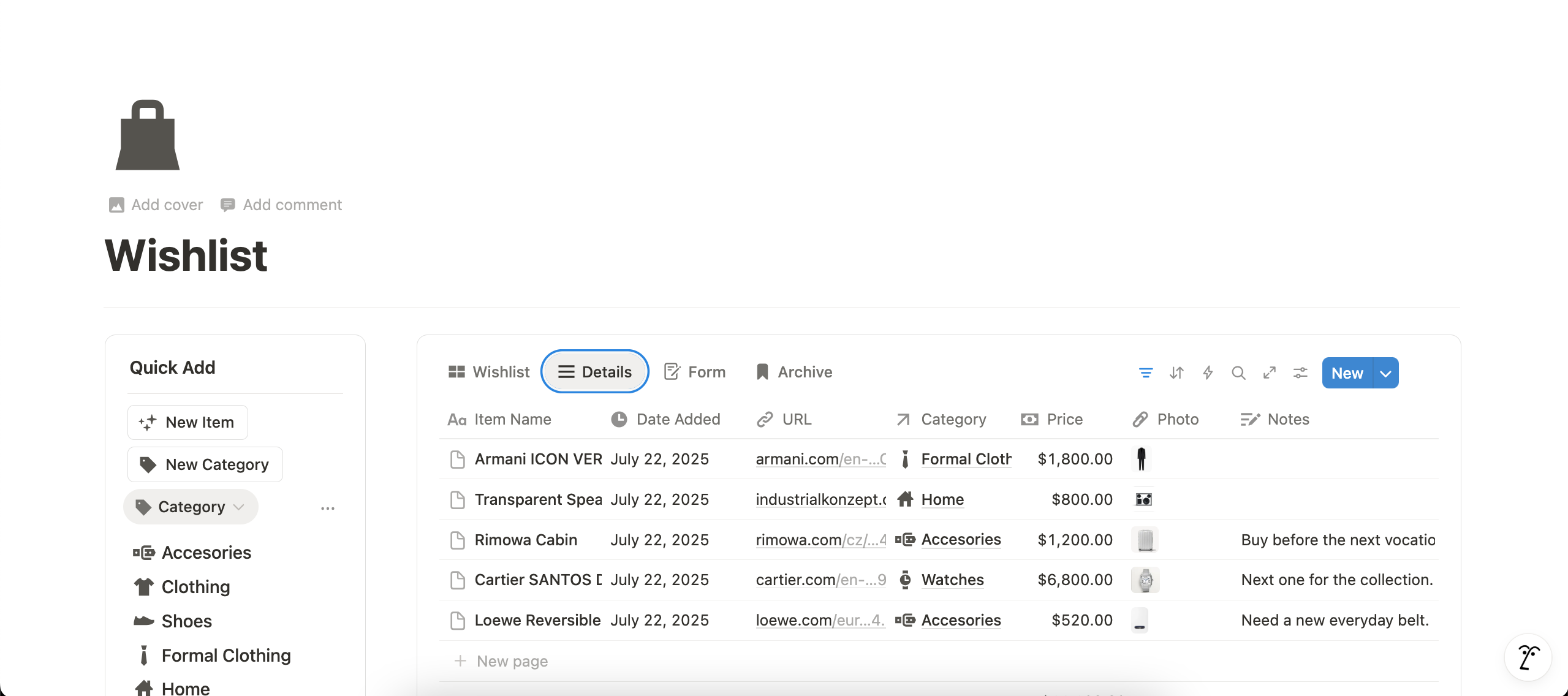 Wishlist Notion Template gallery image