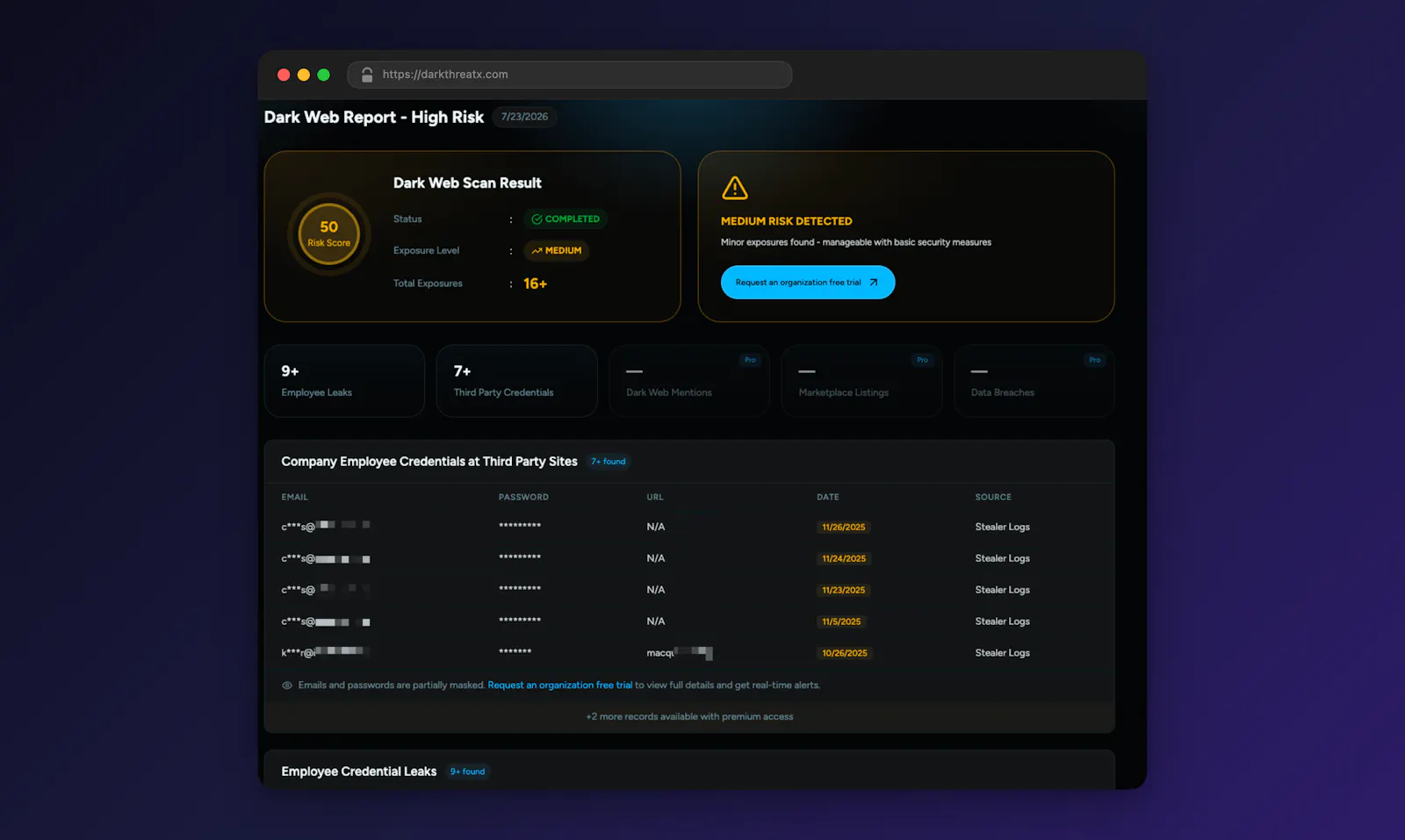 DarkThreatX Dark Web Monitoring Platform screenshot 1