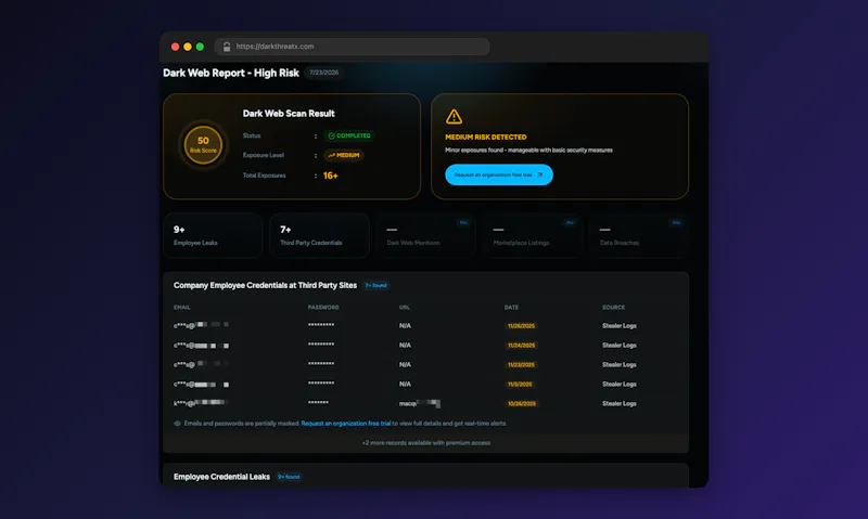 DarkThreatX Dark Web Monitoring Platform screenshot 1
