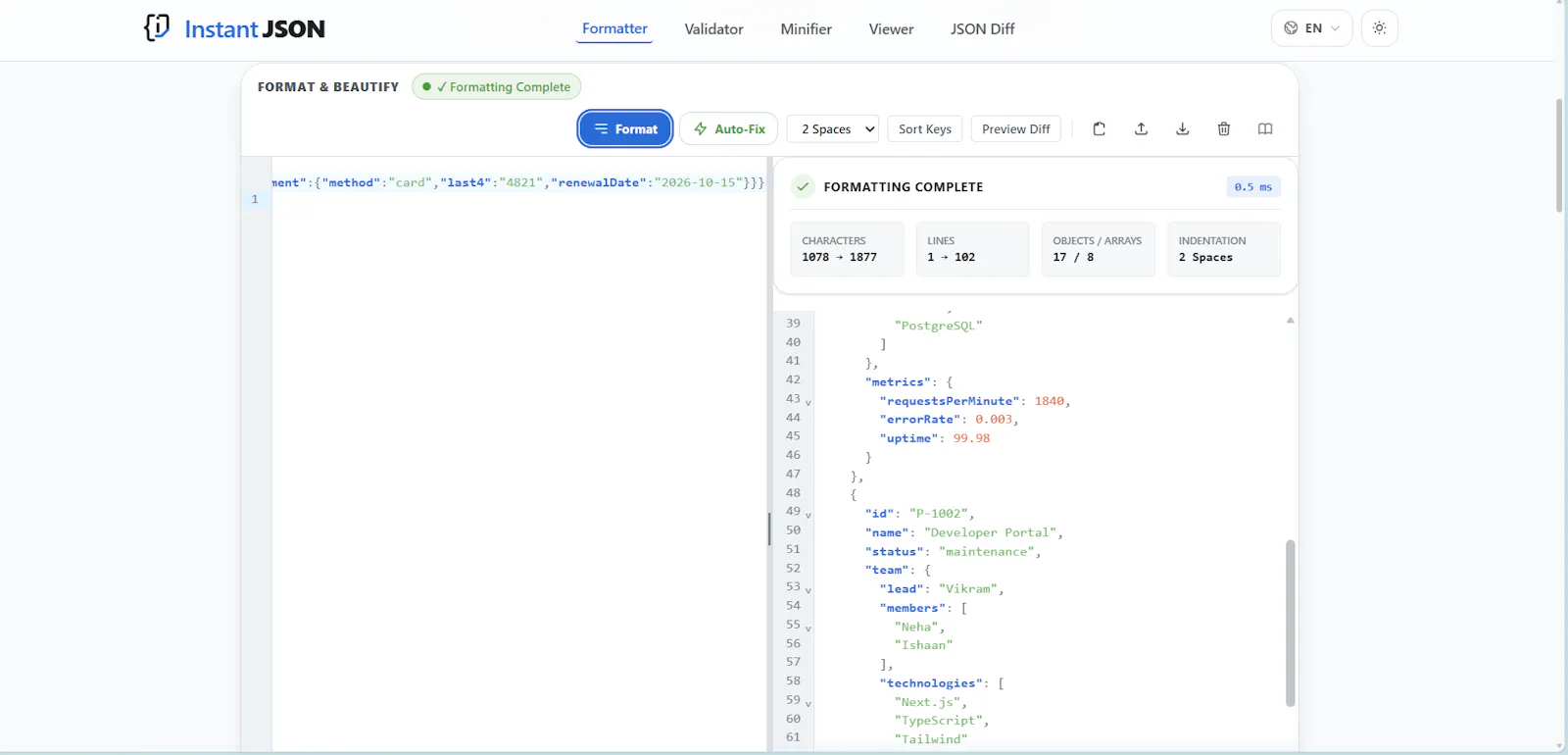 Instant JSON Formatter screenshot 1