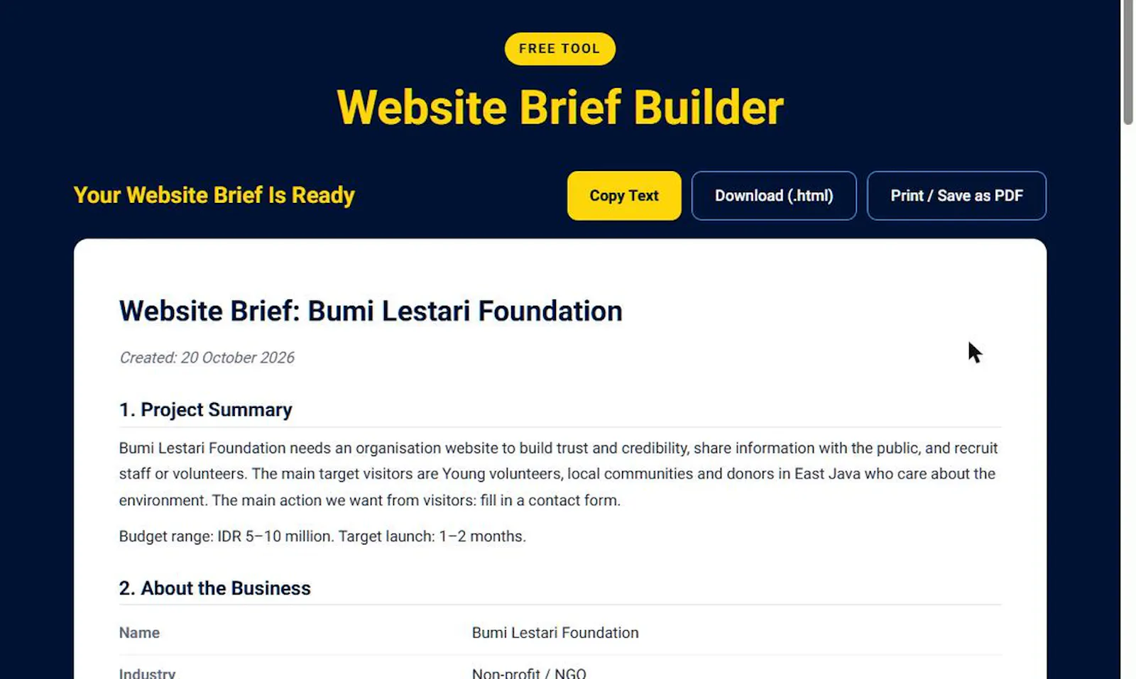 Website Brief Generator screenshot 1