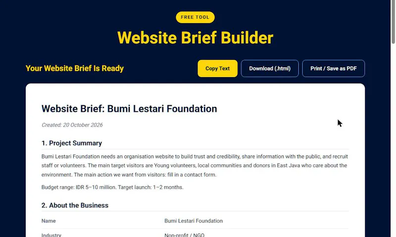 Website Brief Generator screenshot 1