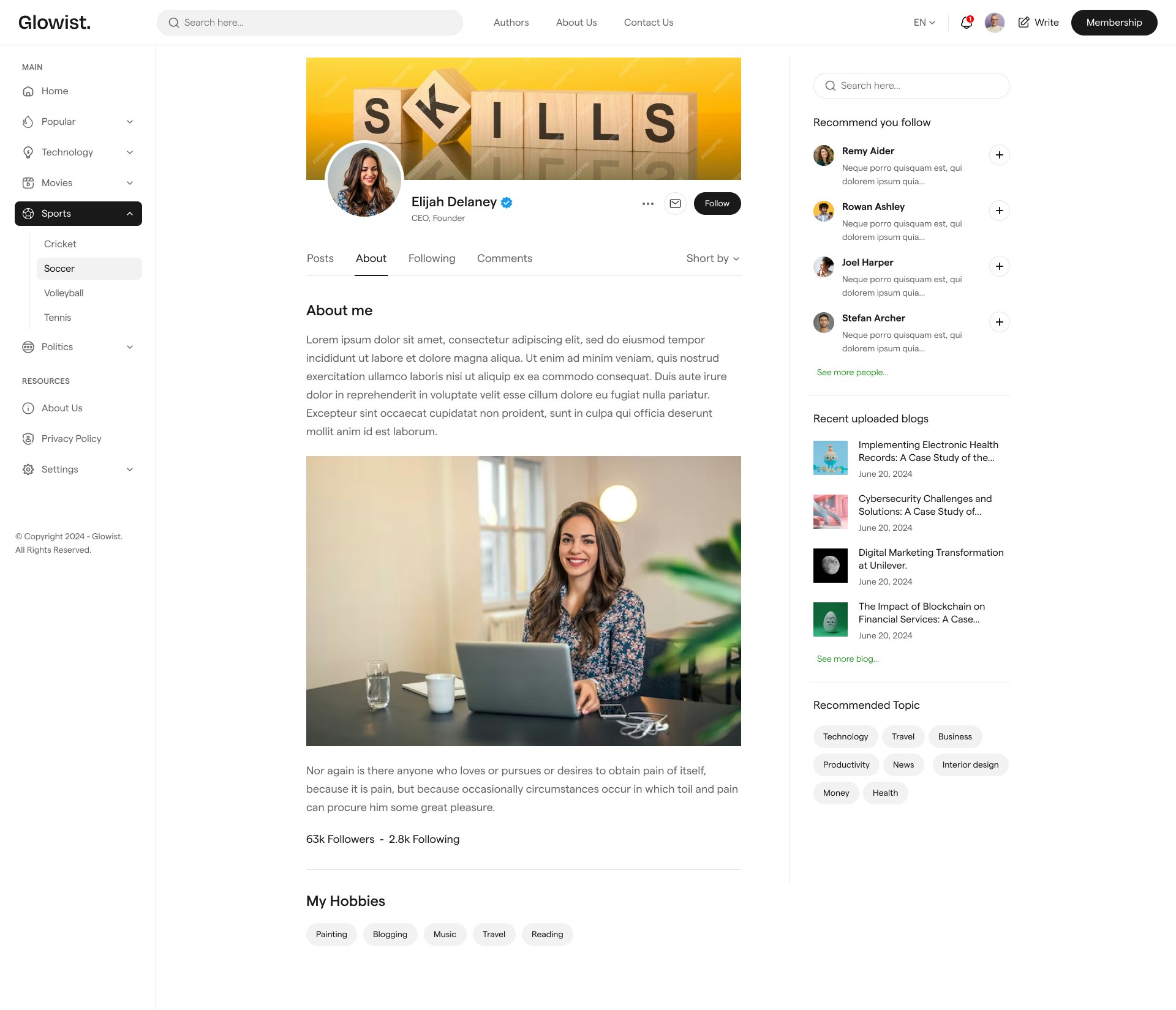 Glowist: Blog เว็บไซต์เทมเพลต Next.js media 10