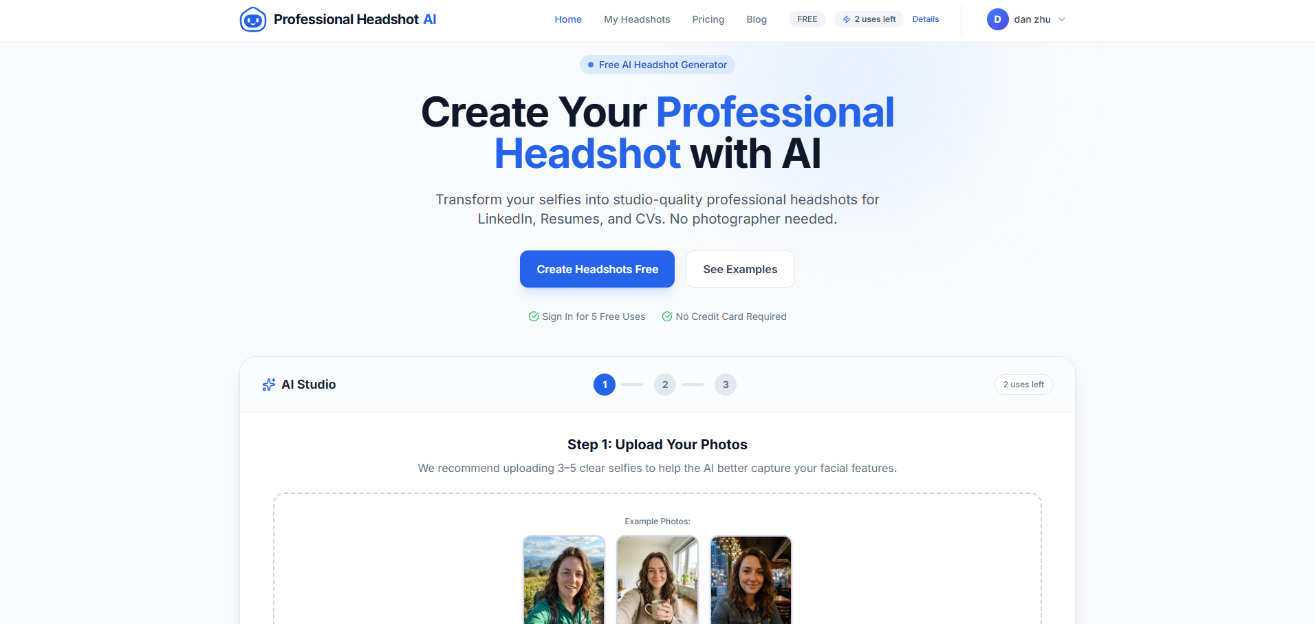 Professional Headshot AI - Main product screenshot demonstrating key features and user interface