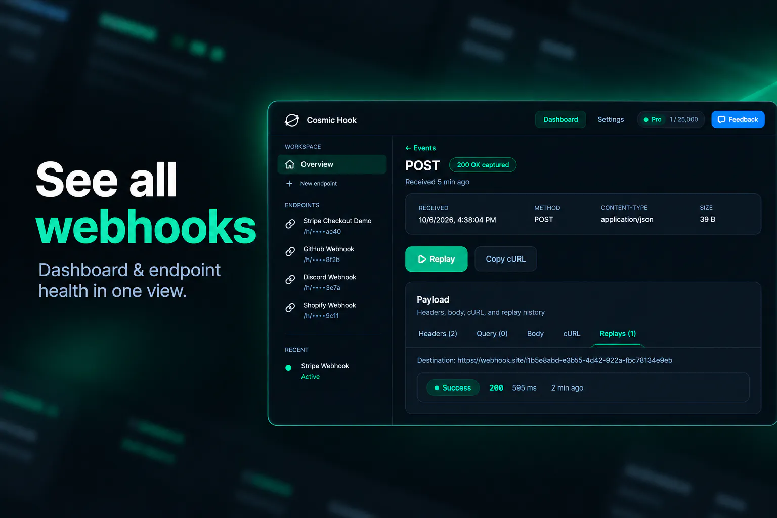 Cosmic Hook — Webhook inspector & replay gallery image