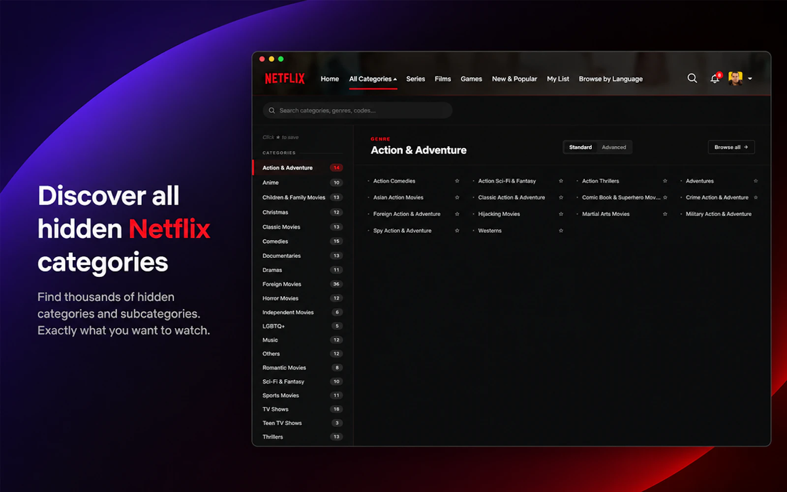 Netflix Categories Chrome Extension screenshot 1