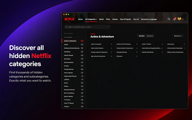 Netflix Categories Chrome Extension screenshot 1