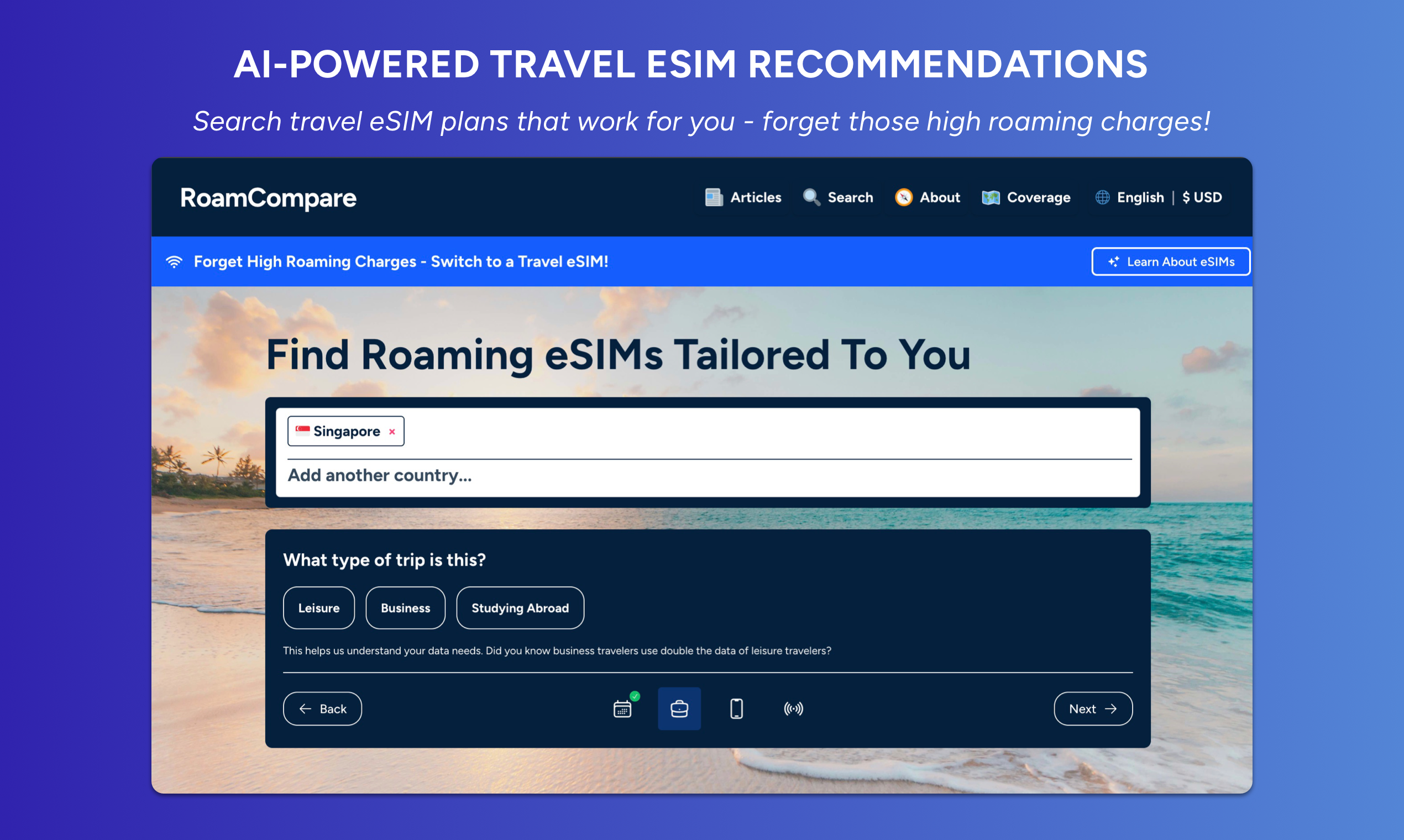 रोमकॉम्परे - AI संचालित ESIM सिफारिश - अपने कारनामों को जोड़ना मीडिया 1