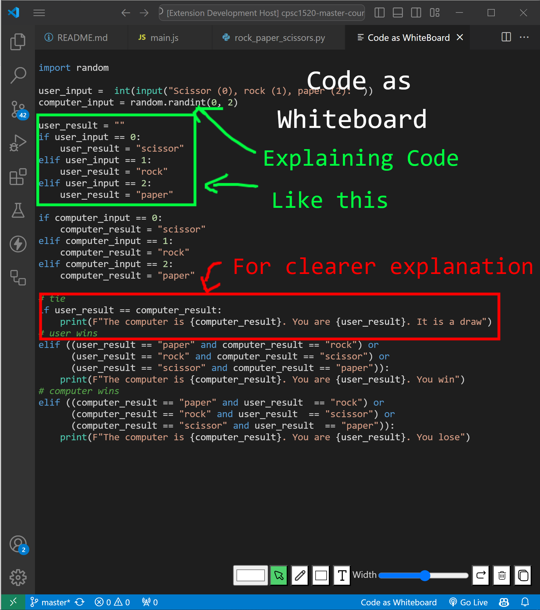 Mídia 1 de Código como quadro branco - Como Excalidraw, mas apenas para o seu código no vscode.