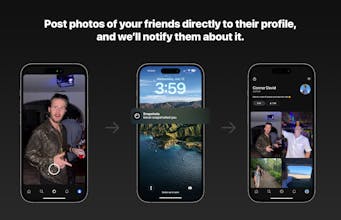 スナップショットのソーシャルプラットフォームのインターフェースは、ユーザーが写真を撮影し、「投稿先」リストから友達を選択している様子を表示しています。