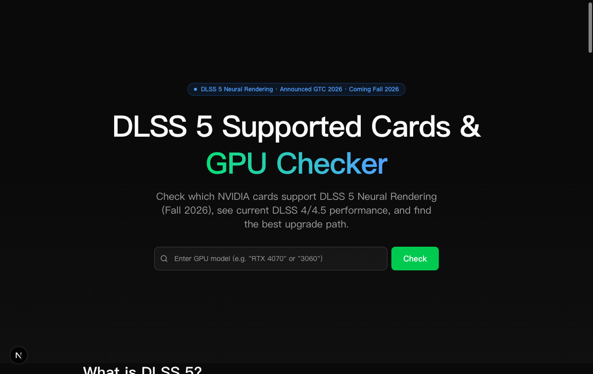 DLSS 5 GPU Compatibility Checker - Main product screenshot demonstrating key features and user interface