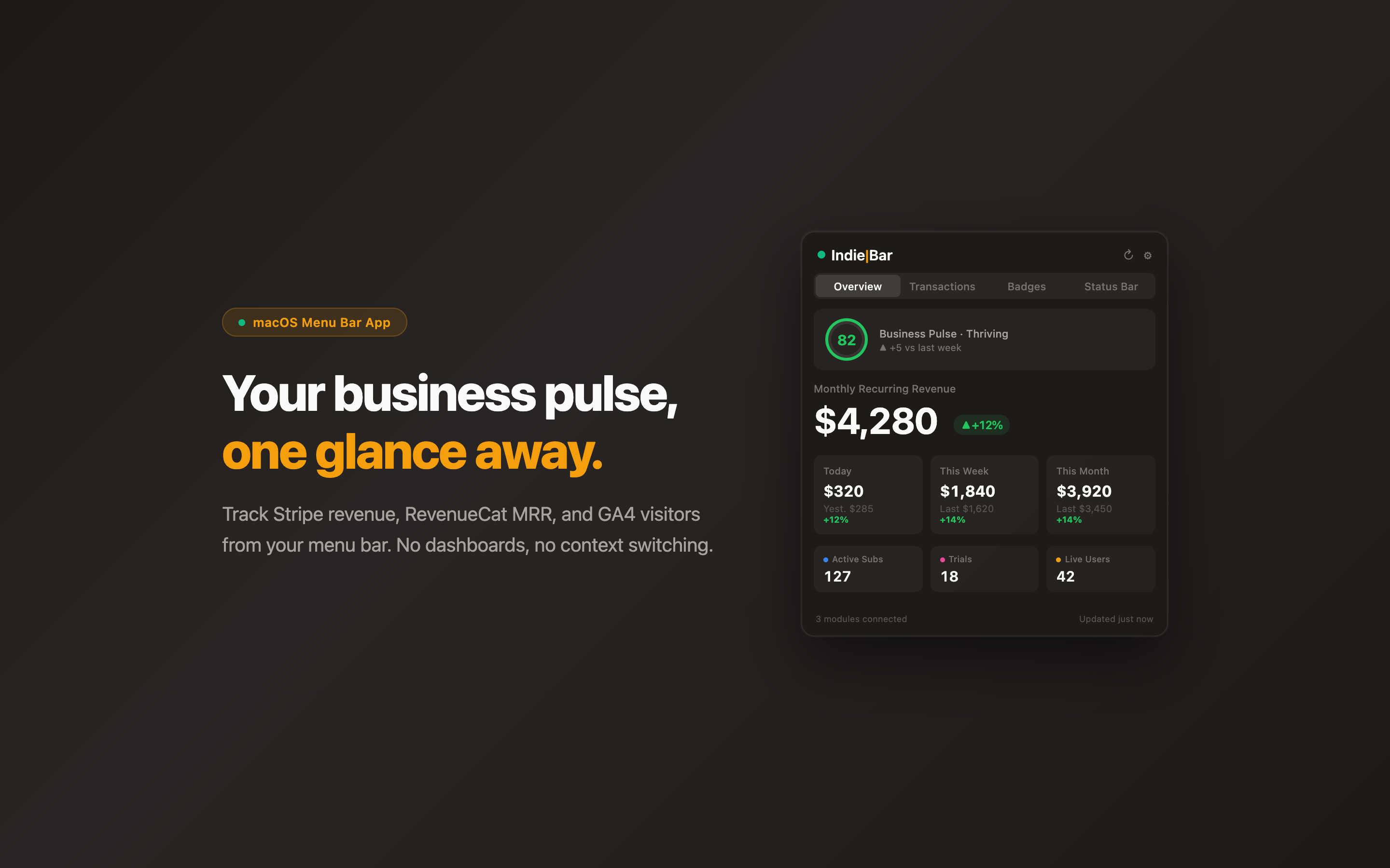 IndieBar - Revenue Tracker - Main product screenshot demonstrating key features and user interface