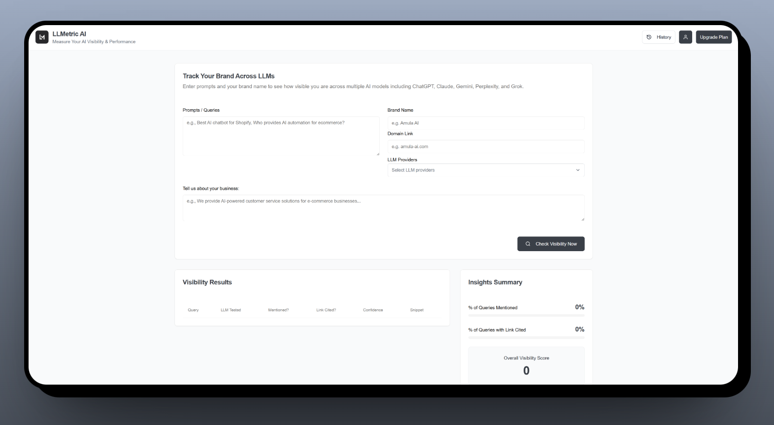 LLMetric AI - Main screenshot showing features and interface