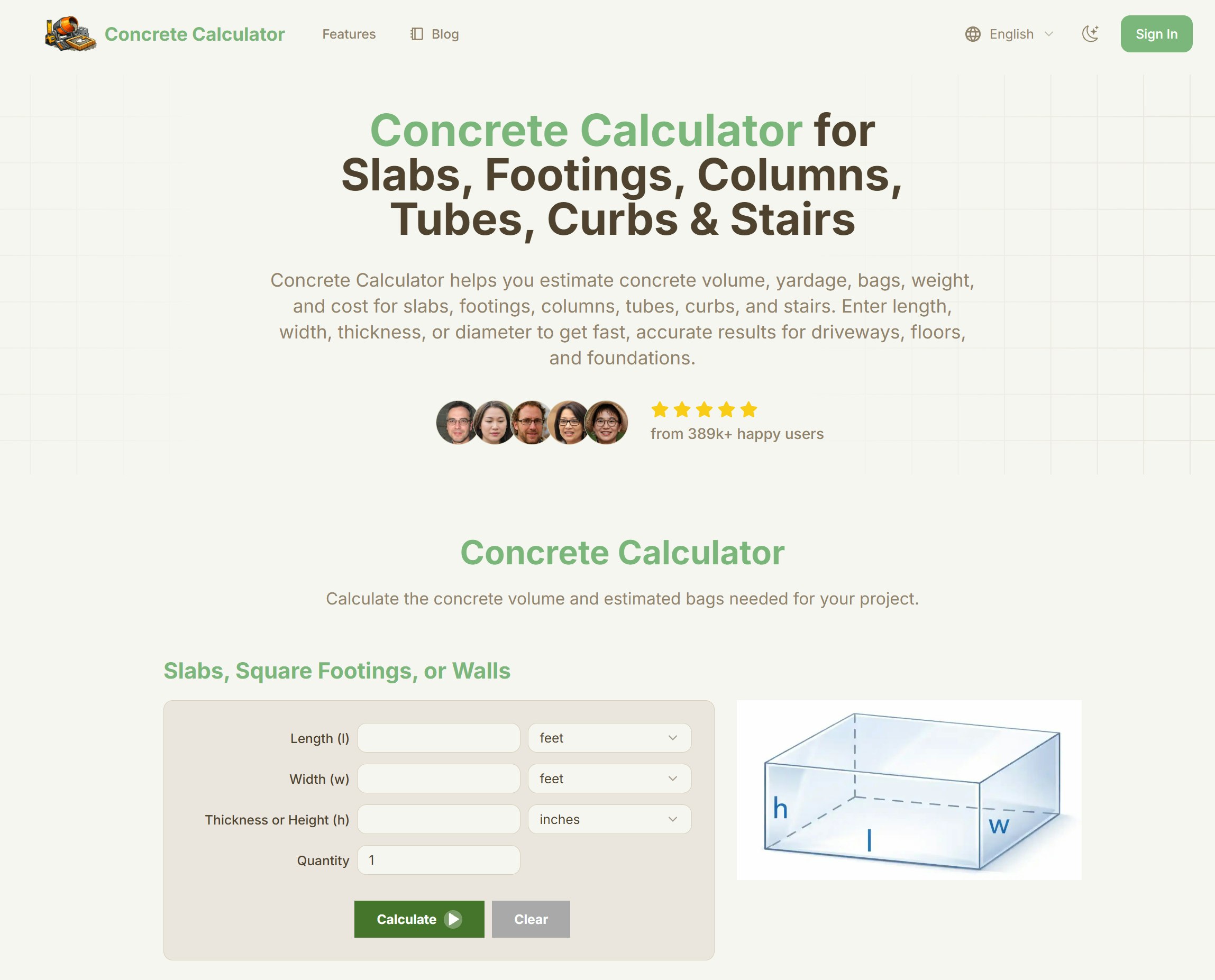 Concrete Calculator - Main product screenshot demonstrating key features and user interface