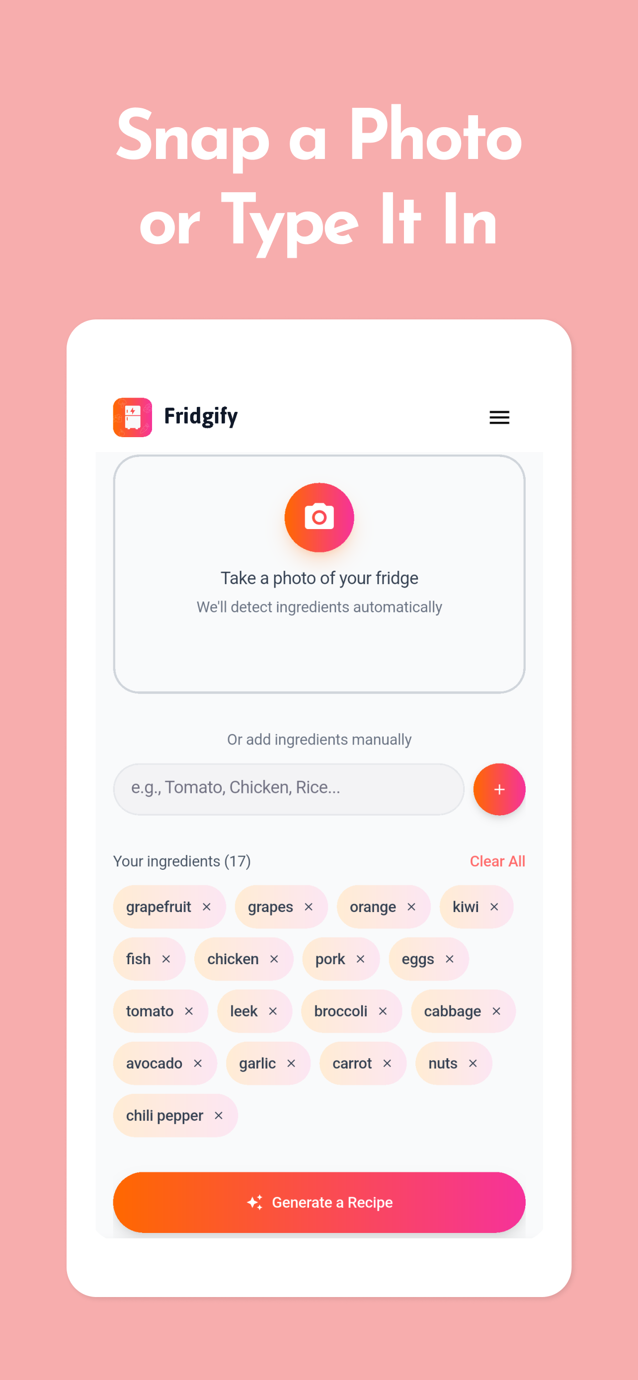 Fridgify - When AI meets your fridge - Main product screenshot demonstrating key features and user interface