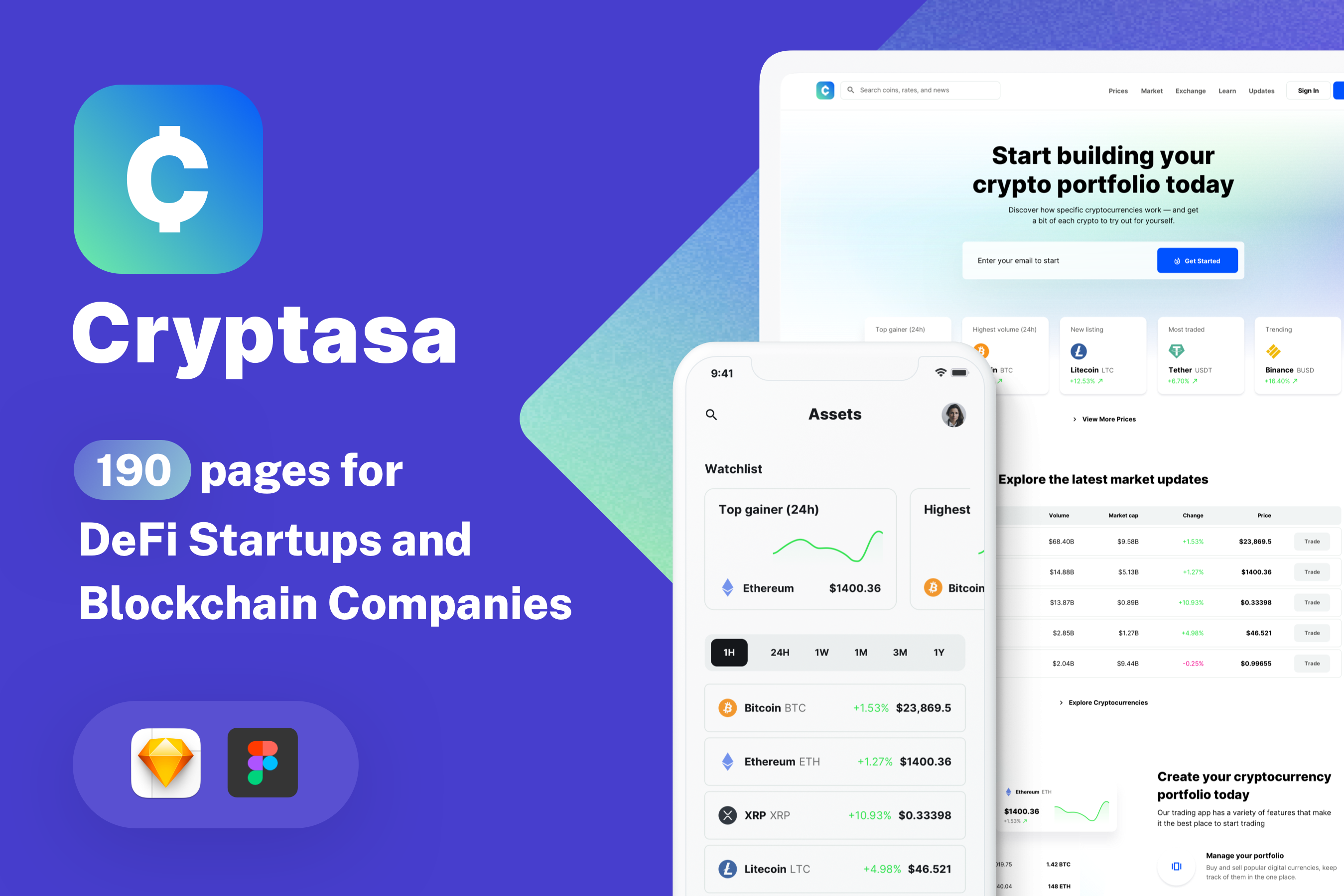 Cryptasa -UI Kit Defi (Crypto) 스타트 업 - Defi 스타트 업을위한 190 페이지 및 334 개의 기호 미디어 1