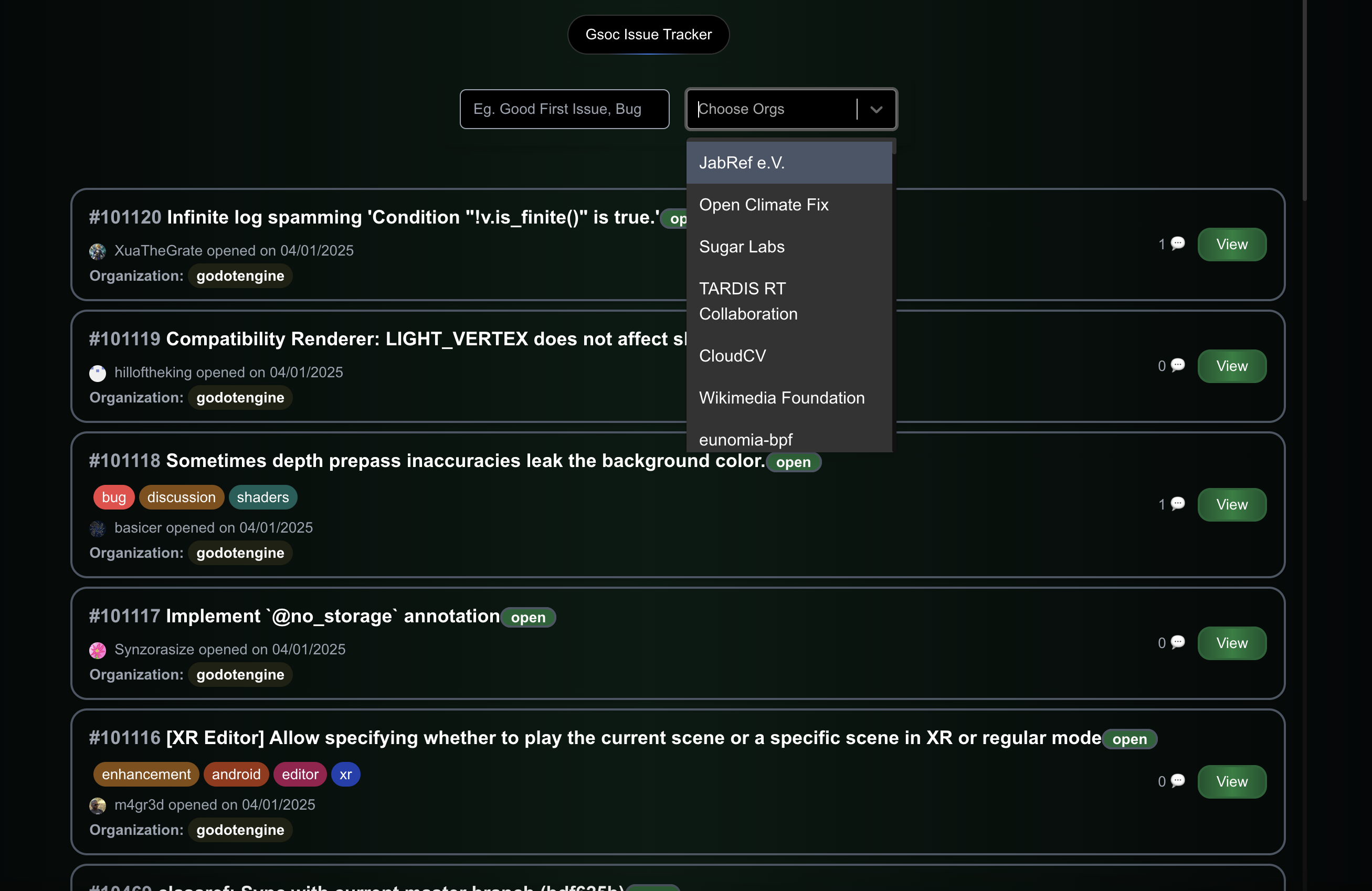 GSOC Issue Tracker - Finden und filtern Sie GSOC -Probleme und -organisationen nahtlos Medien 2