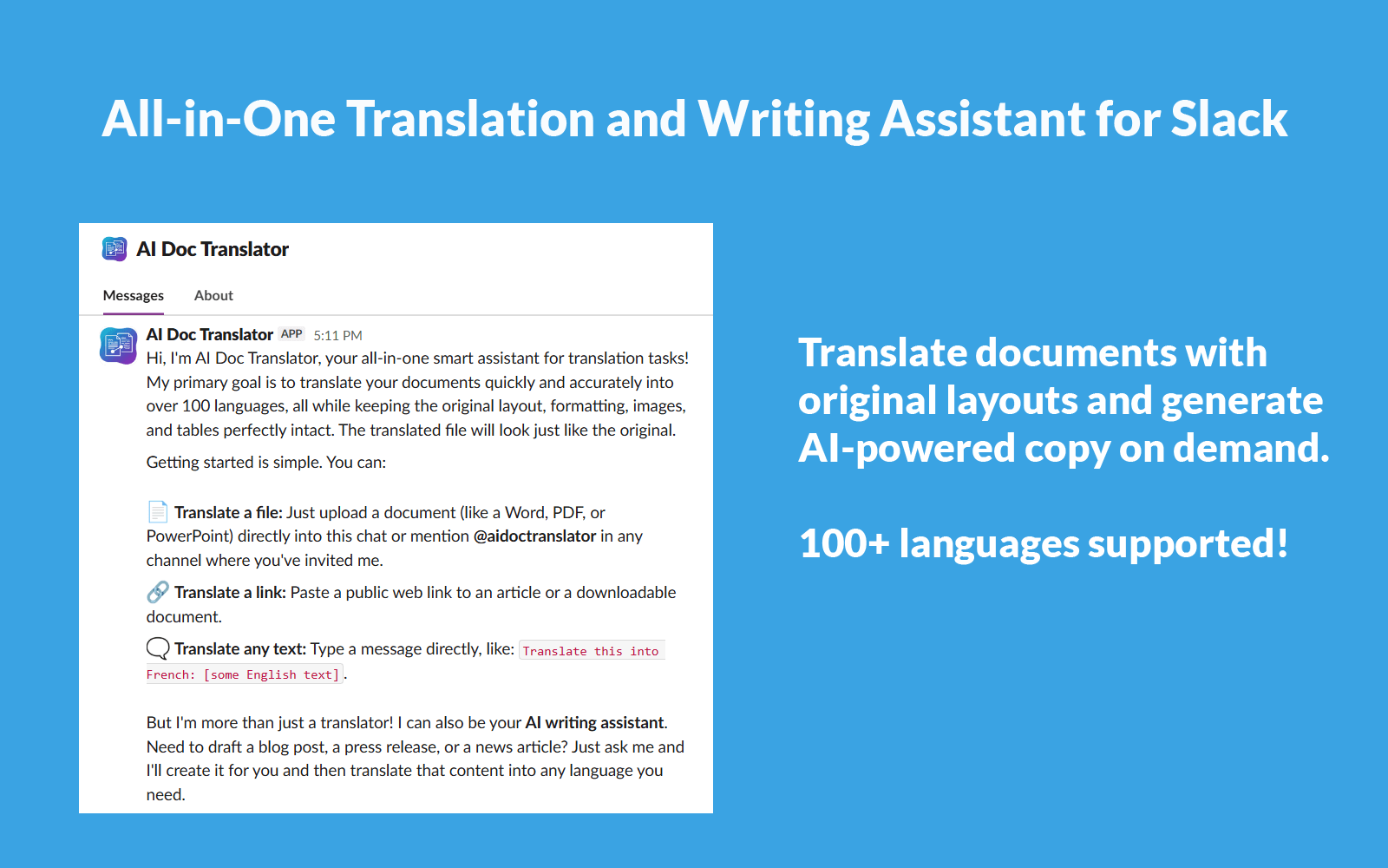 AI Document Translator for Slack - Main product screenshot demonstrating key features and user interface