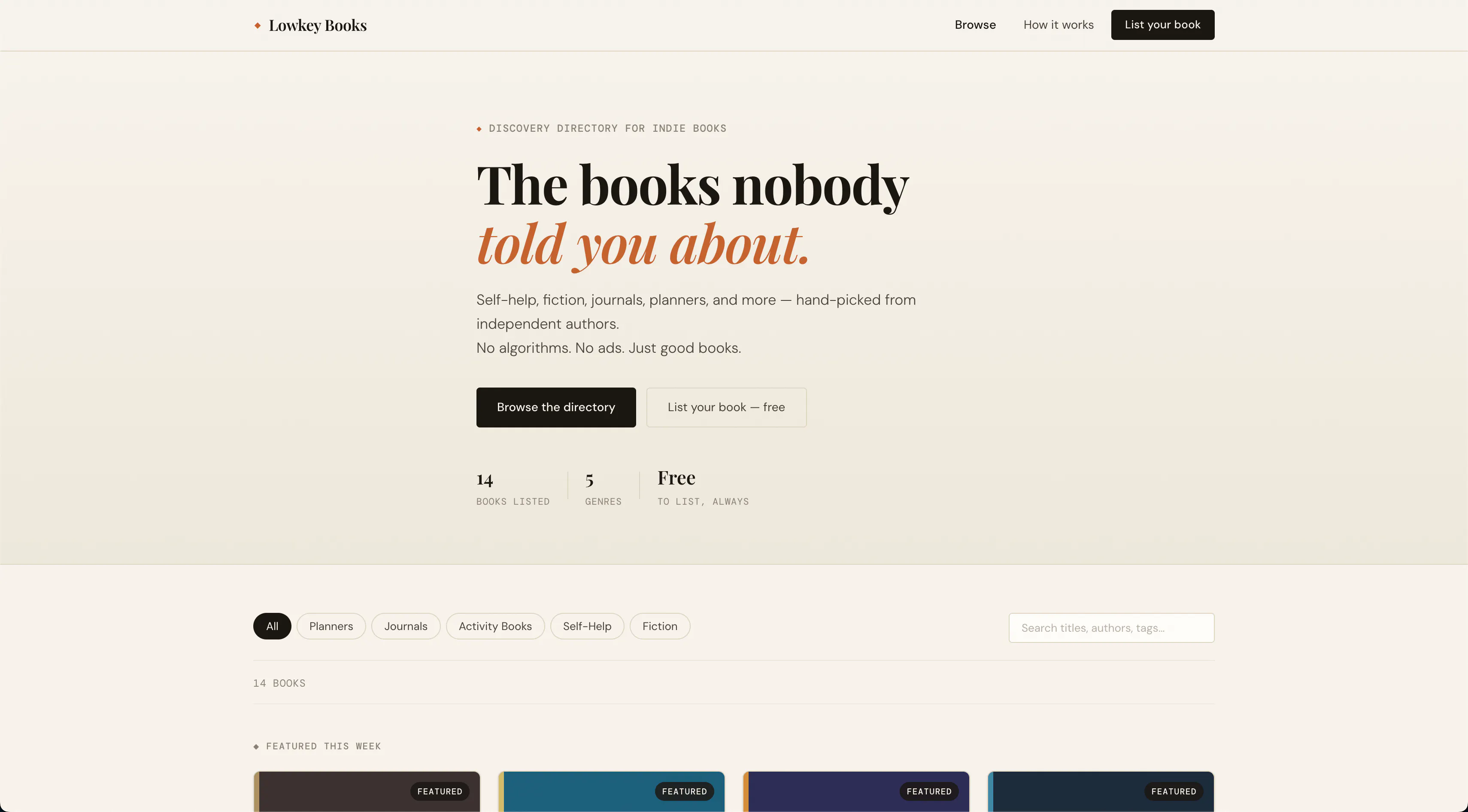 Lowkey Books — Discover Indie Books 제품 배너