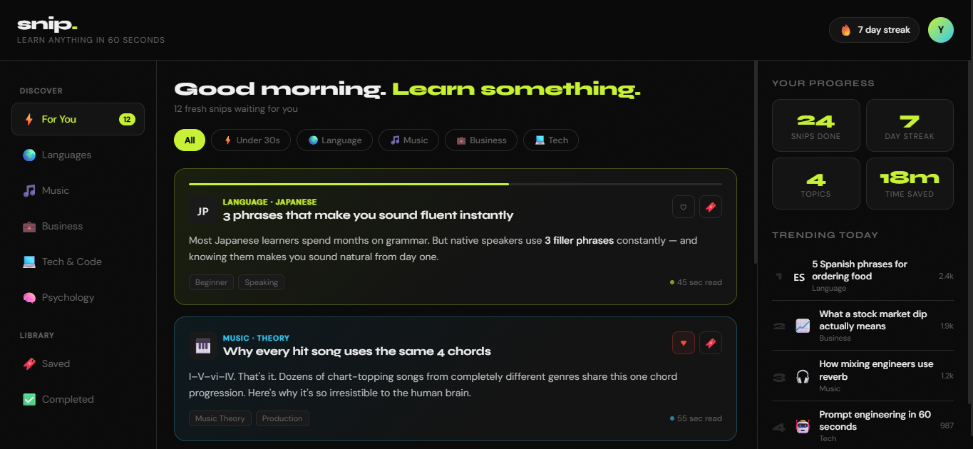 Snip - Learn Anything in 60 Seconds - Main product screenshot demonstrating key features and user interface