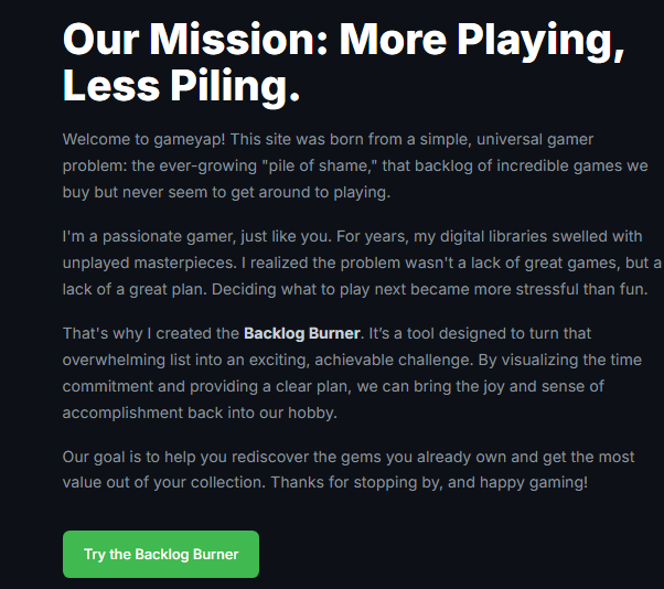 gameyap Backlog Burner - Main screenshot showing features and interface